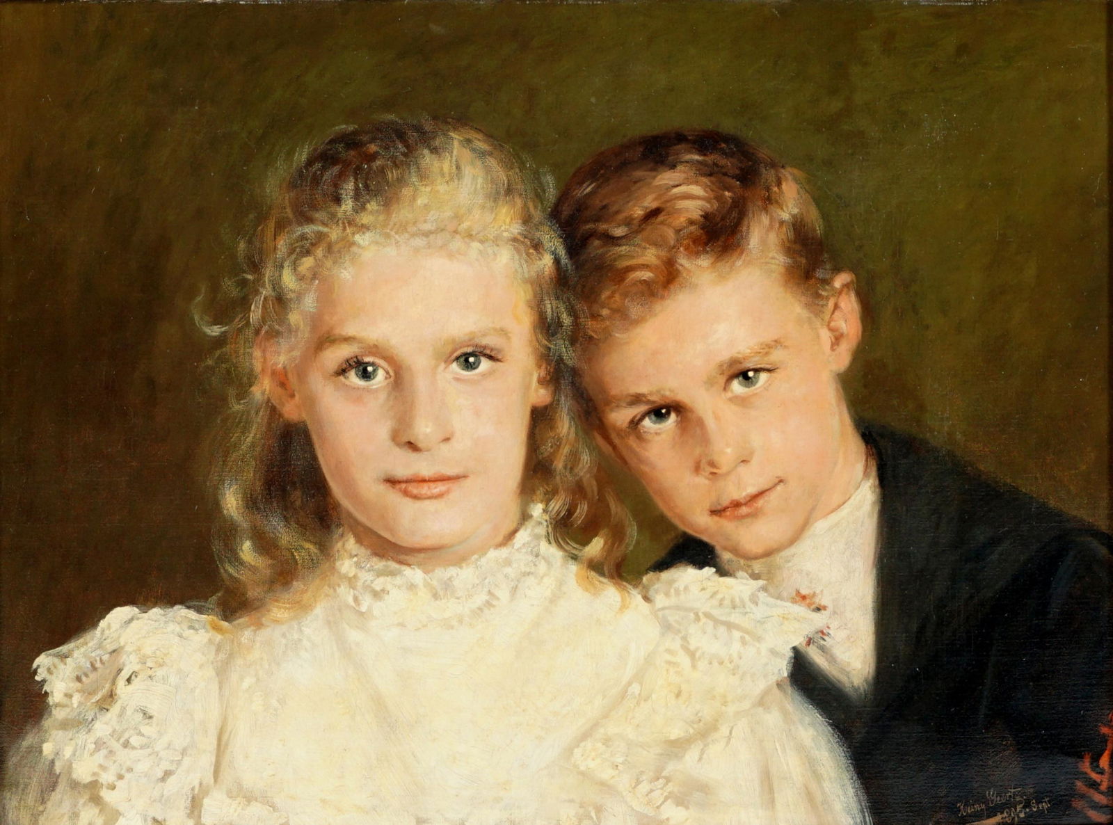 1895 Henry Geertz Portrait of Two Children: GEERTZ, Henry (Heiny?), (German, 1872-): Portrait of two school age children, signed and dated lower right, 18" x 24", framed 28" x 34". From the estate of a prominent lawyer from New Rochelle, NY.