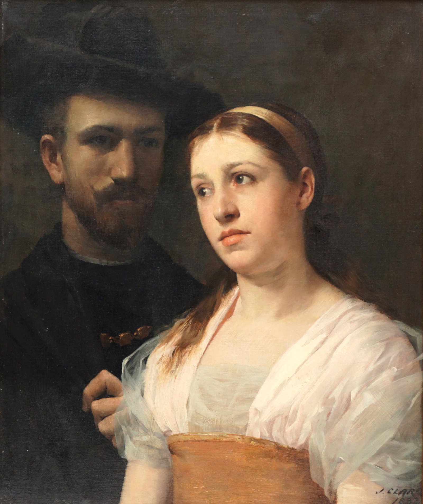 1882 James Clark Portrait of a Couple: CLARK, James, (English, 1858-1943): Portrait of a man and woman, Oil/Canvas, signed and dated lower right, 24" x 20", framed 32" x 28". Condition: Minor scattered inpaint. From the estate of a promine