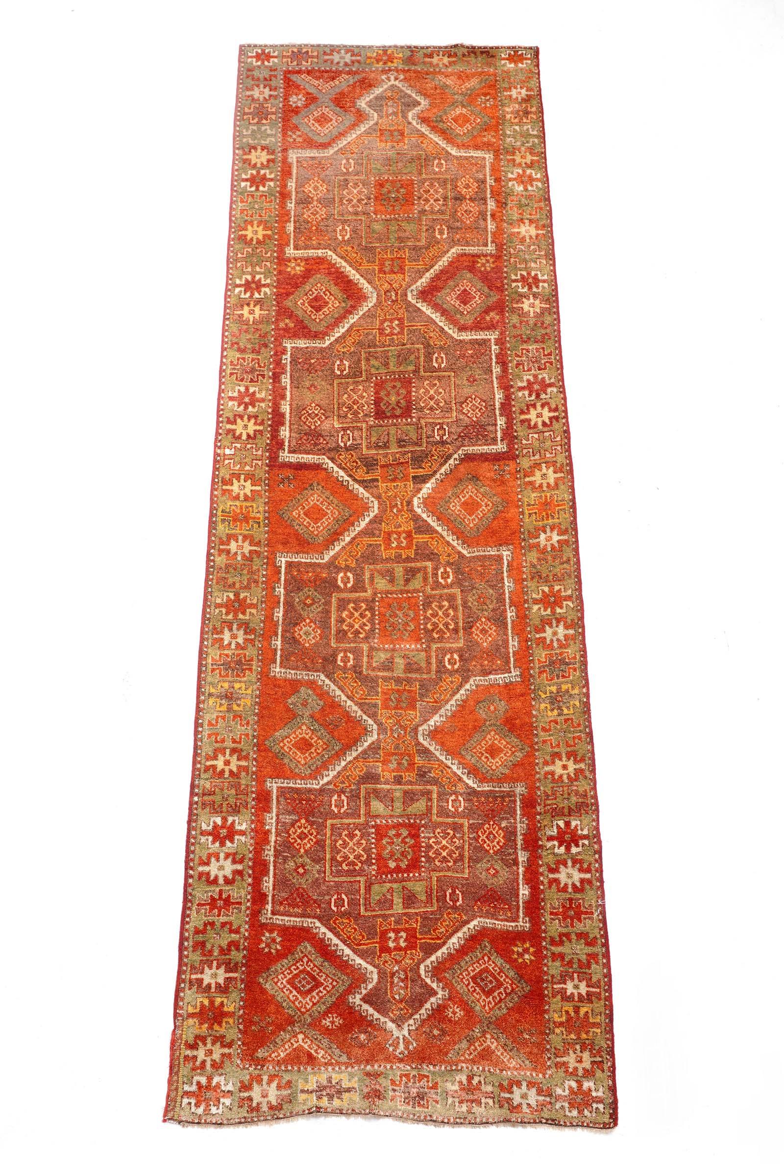 Turkish Sivas / Oushak Runner Rug: Single geometric border band, red field ground , four flowing medallions, 3' 4" X 11' 2". Please see photos for condition.