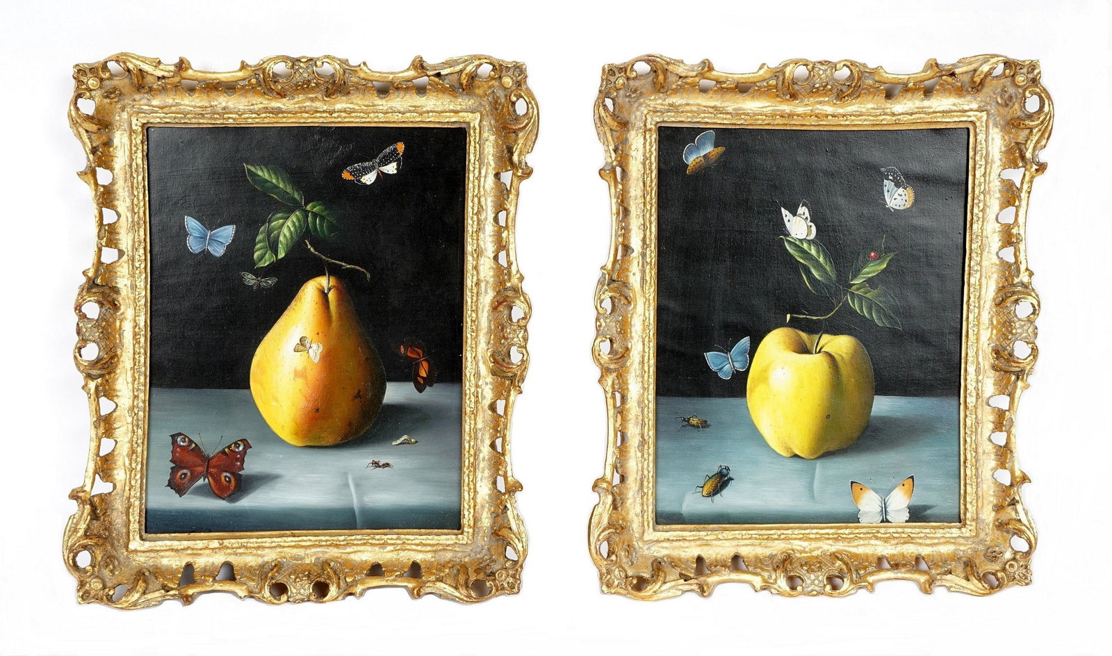 Nice Pair Trompe L'oeil Insects & Fruit Paintings: Well executed pair, one with apple, the other with pear, both with insects and butterflies, Oil/Panel, unsigned, 11.75" x 9.25", framed 15" x 12.5". From the estate of a prominent lawyer from New Roch