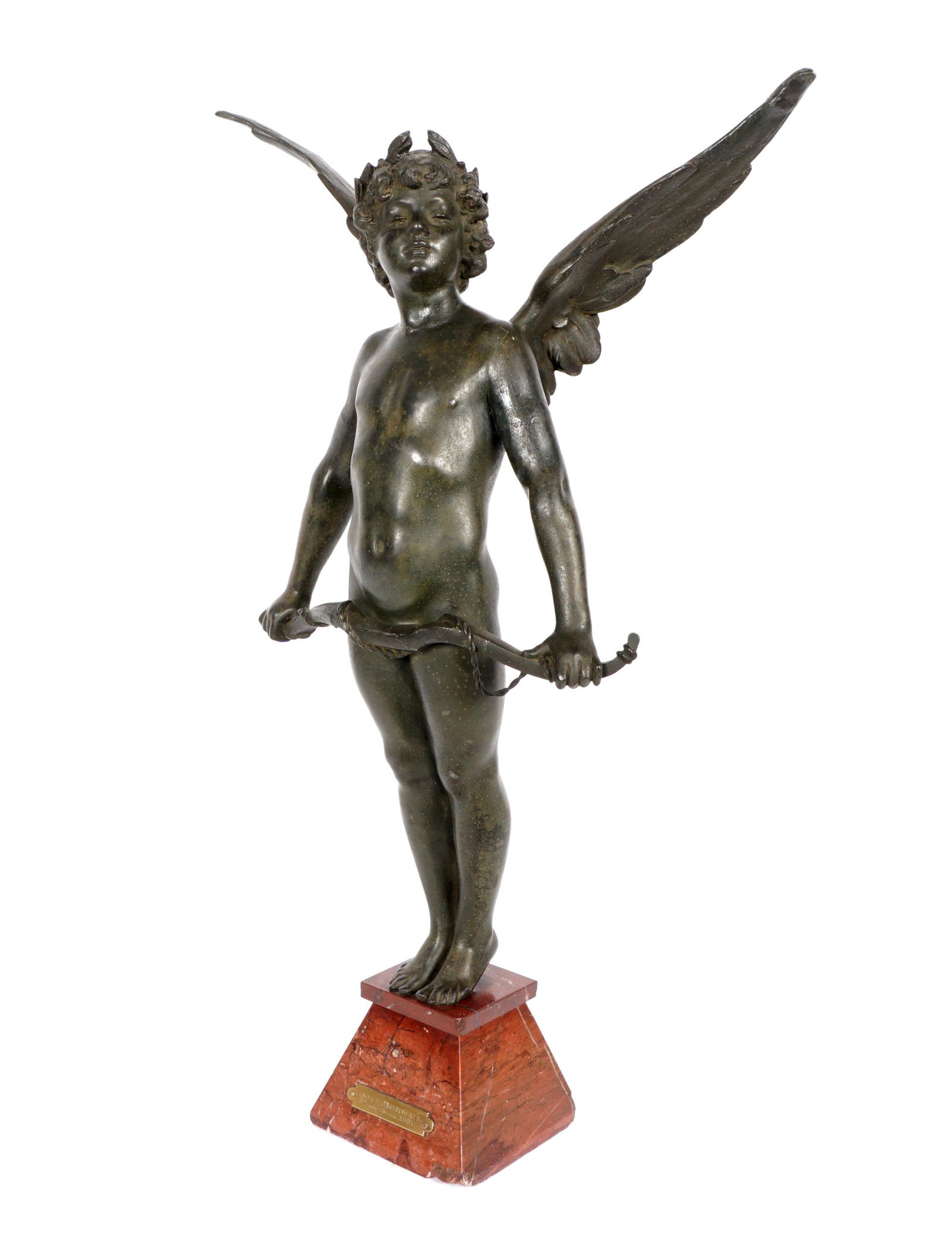 after Moreau Spelter Vici Cupid Statue: after MOREAU, Auguste, (French, 1834-1917): "VICI", patinated white metal figure of holding a bow, on marble plinth with brass plaque, overall 24.25" h. x 14.5" x 7.5". Condition: Chips to base, repai