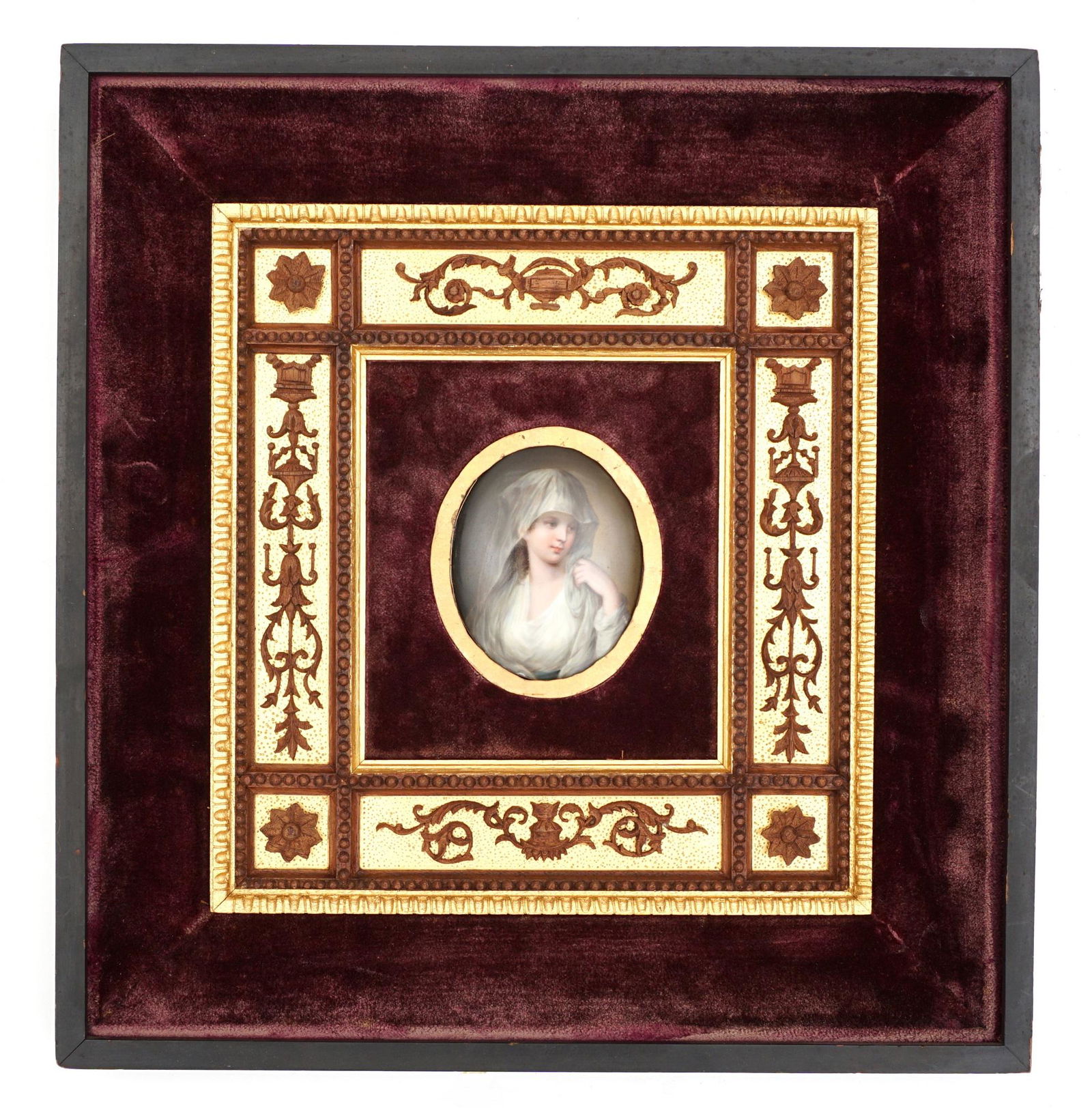 After Angelica Kauffmann Vestal Virgin Plaque: after KAUFFMANN, Angelica, (Swiss, 1741-1807): "Vestal Virgin", depiction of a veiled woman, unsigned, impressed 15 verso, 14k gold pin back t frame, 3.25" x 2.5", framed 13.75" x 13.25". Condition: B