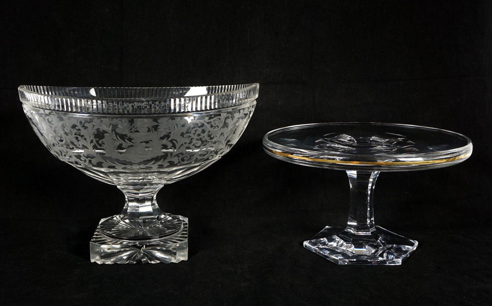 Moser Cake Stand and Etched Glass Centerpiece: Two pieces total to include 1) Clear glass cake stand, faceted pedestal and foot, Moser sticker and signed, 5.75" h. x 10". 2) Etched clear glass centerpiece foliate scroll and stags in reserves, unma