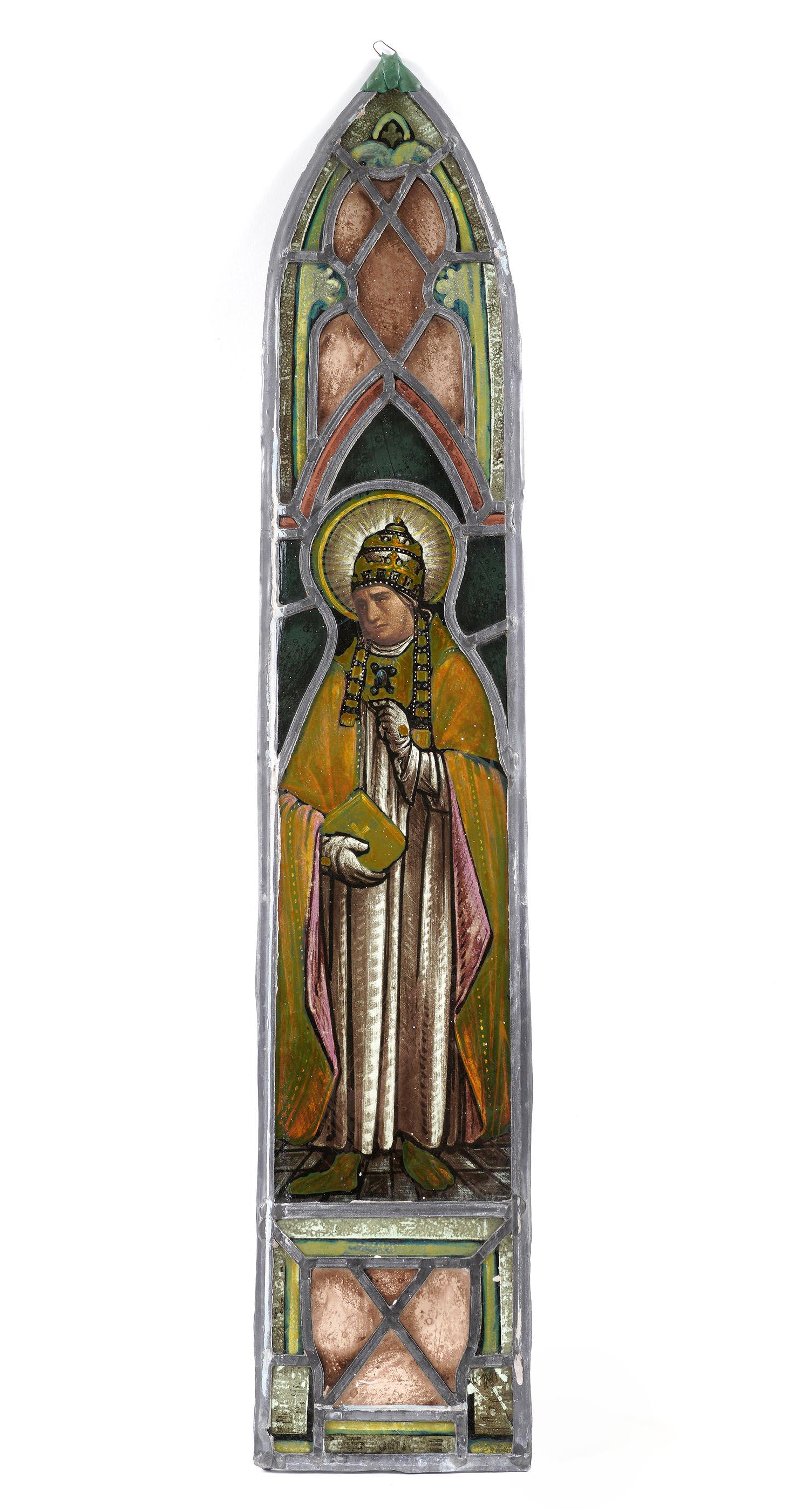 Arched Pope Leaded Stained Glass Window: Depiction of a standing Pope, overall 29" h. x 5.5". From the estate of a prominent lawyer from New Rochelle, NY.