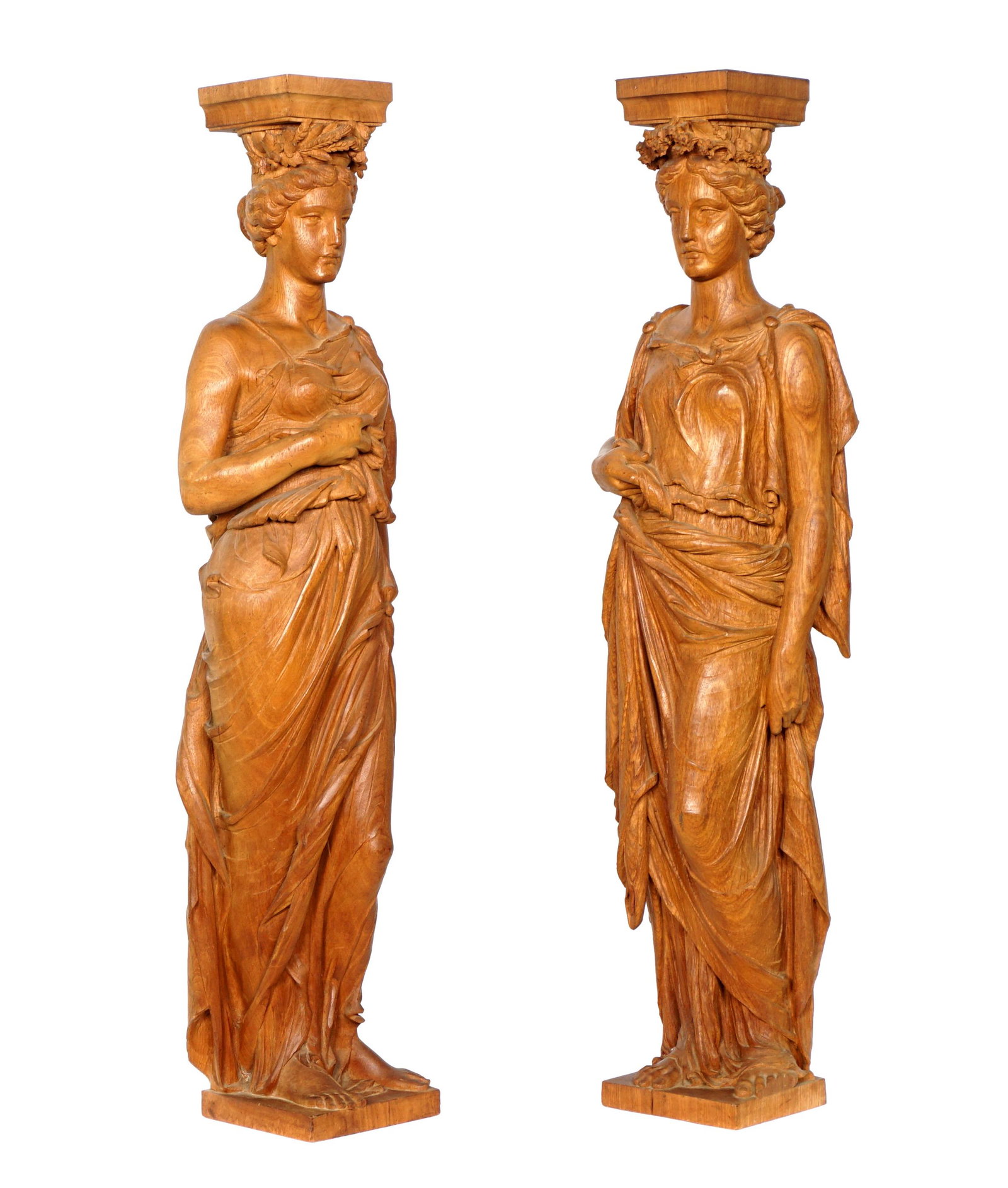 Pair Carved Wood Caryatid Column Pedestals: Carved wood figural classical maidens, overall 37.5" h. x 10.5". From the estate of a prominent lawyer from New Rochelle, NY.