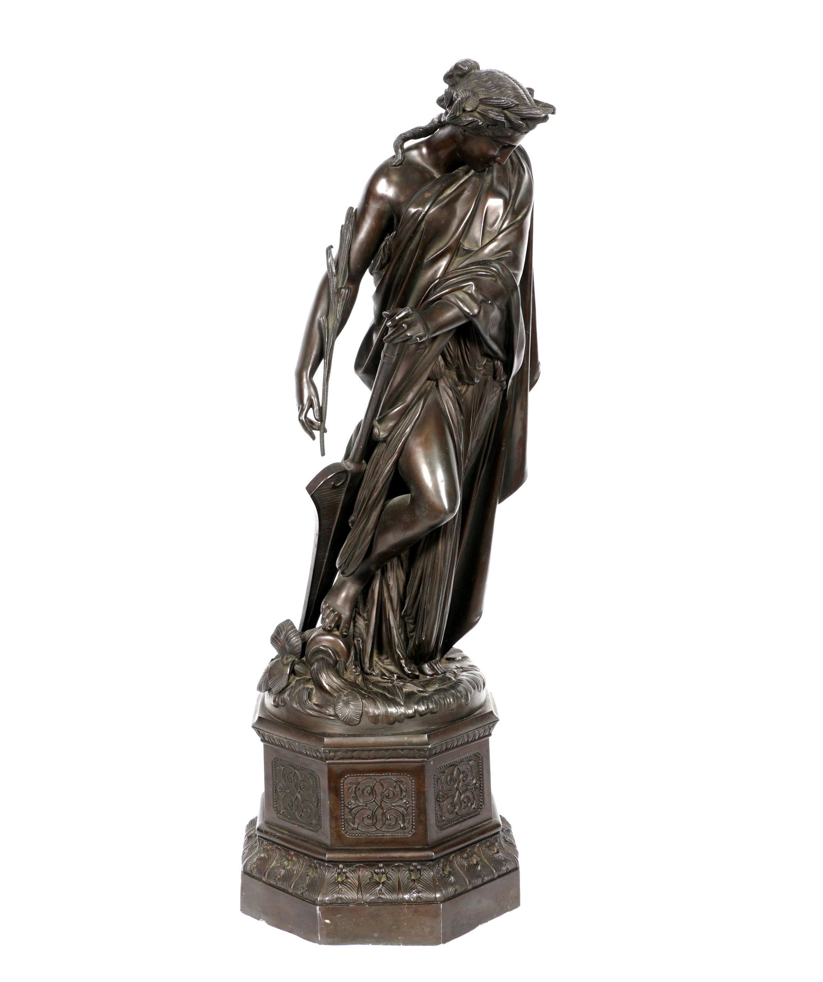 Neoclassical Muse Bronze Sculpture: Patinated bronze figure of a neoclassical maiden holding an oar and reed, unsigned, overall 26.75" h. x 9" x 9". From the estate of a prominent lawyer from New Rochelle, NY.