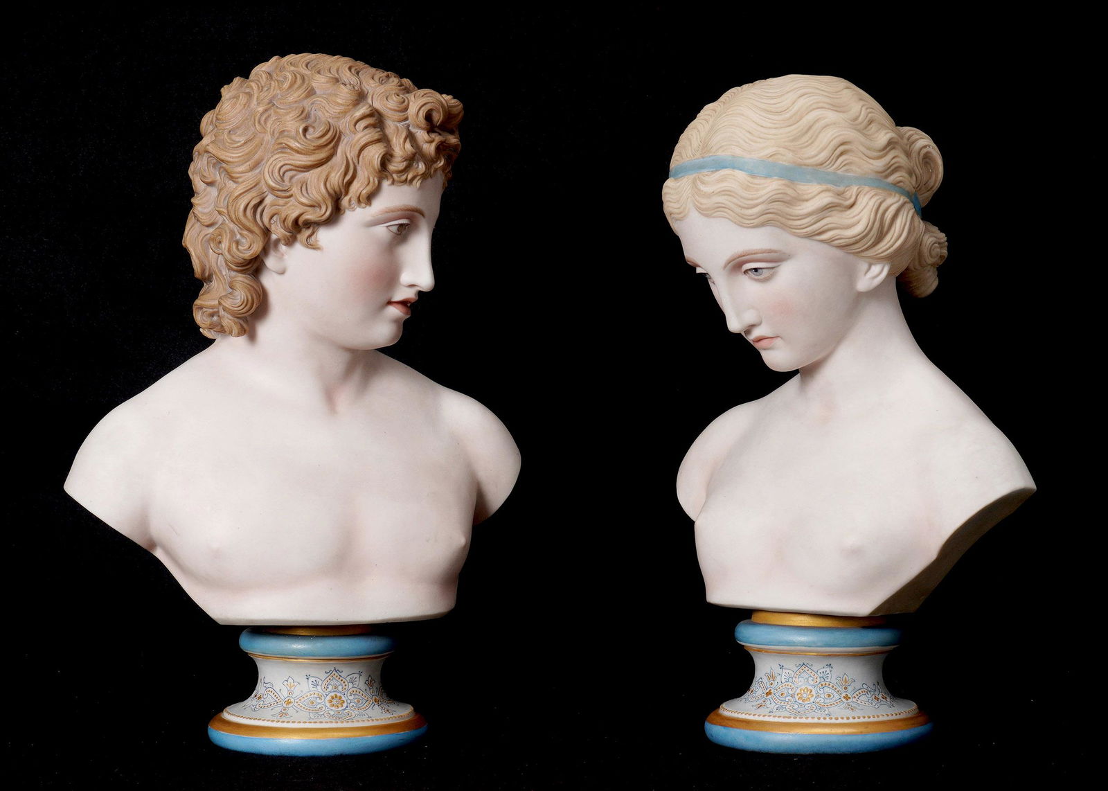 Pair French Bisque Busts: Busts of man and woman on pedestal bases, unmarked, man measures 16.75" h. x 11.75" x 5.75". From the estate of a prominent lawyer from New Rochelle, NY.