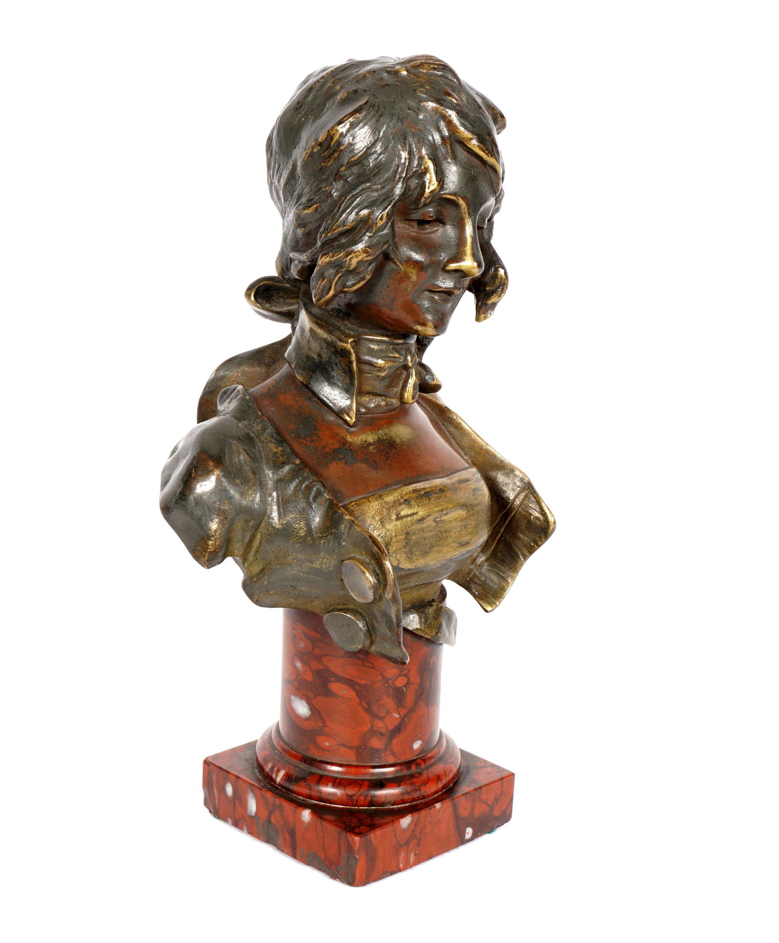 Georges Van der Straeten Bronze Bust of a Woman: Van der STRAETEN, Georges, (Belgian, 1856-1941): Patinated bronze bust of a woman affixed to marble column plinth, signed at back and additional foundry mark, overall 8" h. x 4.5". From the estate of