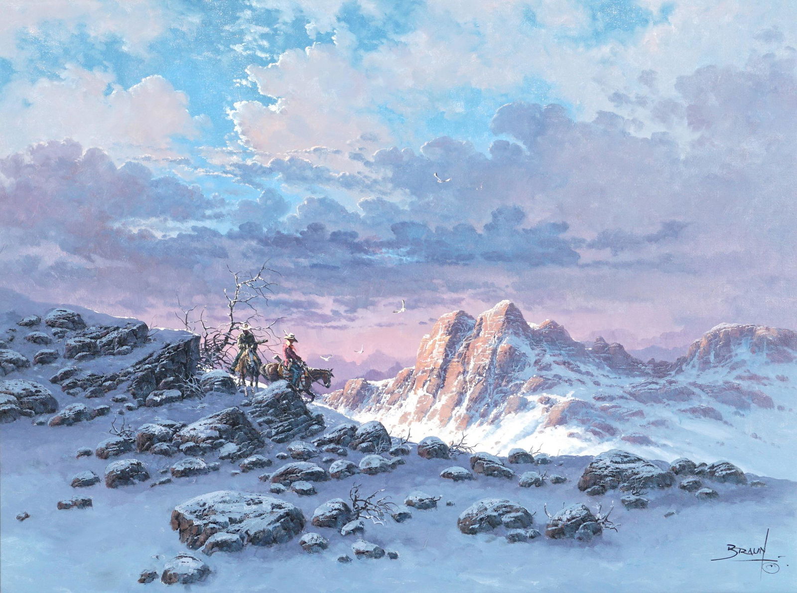 Jorge Braun Tarallo Western Landscape Painting: TARALLO, Jorge Braun, (American, 1951-): Western landscape with cowboy on horse in mountains, Oil/canvas, signed lower right, 30" x 40.5", framed 39.5" x 49.75".