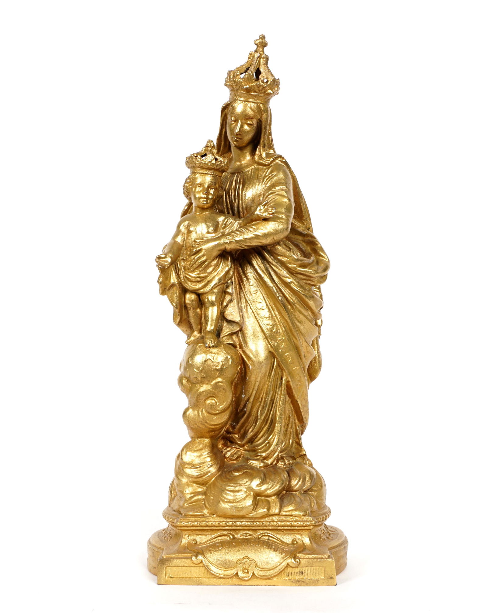 Gilt Bronze Madonna and Child Sculpture: Depiction of crowned Mary and crowned Christ Child, titled N. D. and Victoires, unsigned, 12.75" h. x 5" x 3.5". From the estate of a prominent lawyer from New Rochelle, NY.