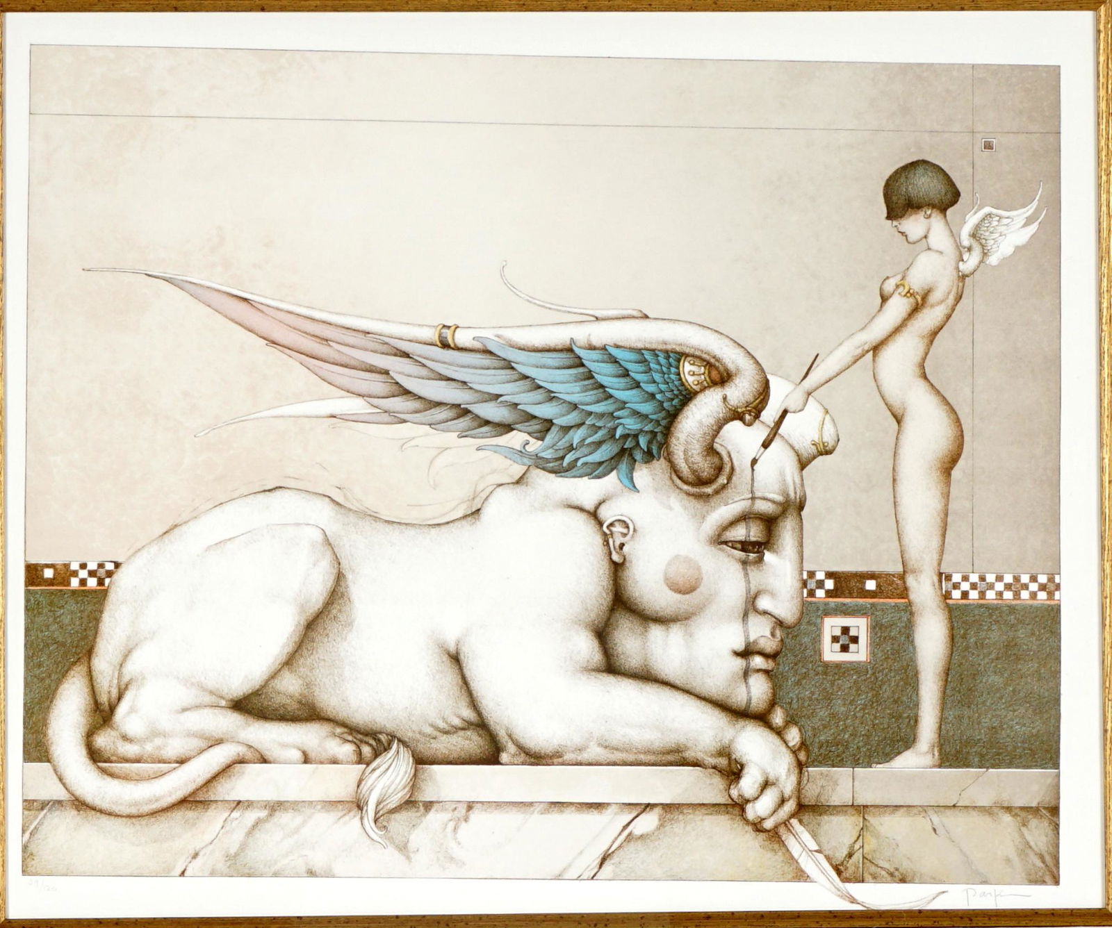 Michael Parkes Designing the Sphinx Lithograph: PARKES, Michael, (American, 1944-): "Designing the Sphinx" nude woman painting on a Sphinx, Lithograph/Paper, pencil signed lower right, numbered 59/120, sight size 20.5" x 25", 35.5" x 40". No COA. L