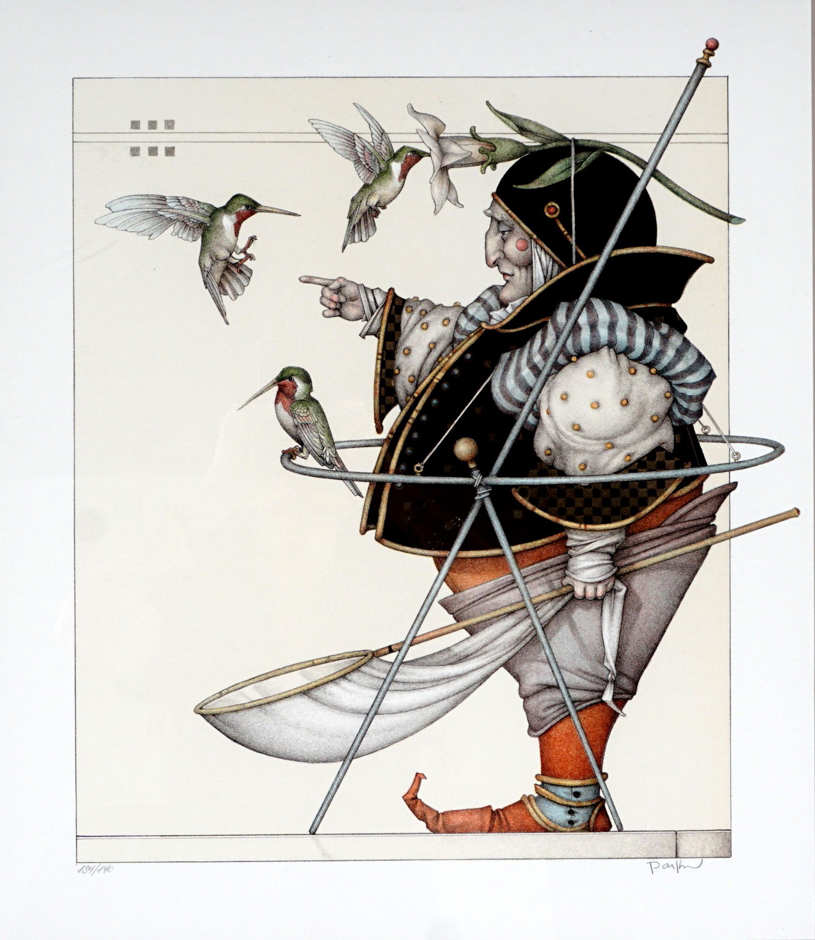 Michael Parkes Hummingbird Collector Lithograph: PARKES, Michael, (American, 1944-): "The Hummingbird Collector", figure of man with hummingbirds, Lithograph/Paper, pencil signed lower right, numbered 134/140, sight size 20.5" x 17.75", framed 32.5"