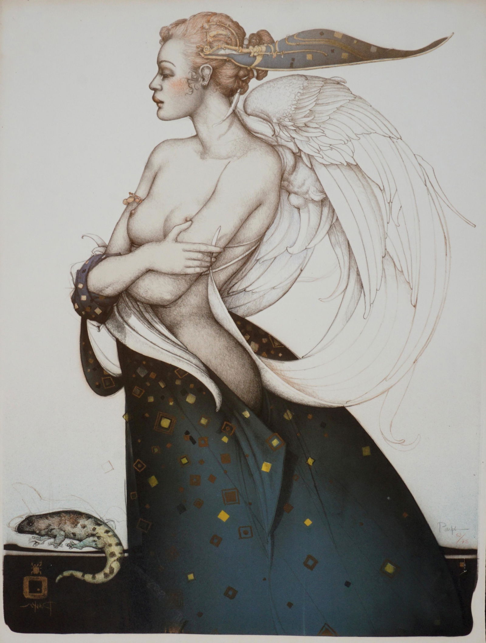 Michael Parkes The Golden Salamander Lithograph: PARKES, Michael, (American, 1944-): "The Golden Salamander", figure of a semi nude angel with salamander, Lithograph/Paper, pencil signed lower right, numbered 32/75, 28.5" x 20.5", unframed. No COA.
