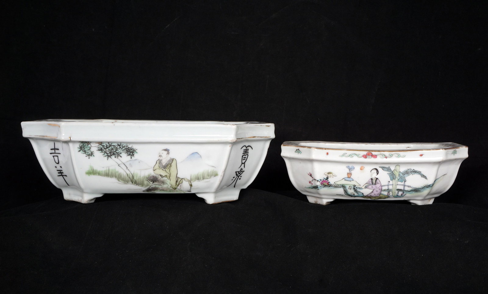 Two Chinese Famille Rose Planters: Tow pieces total to include 1) Rectangular with curved corners, sides with genre scenes and writing, unmarked, 3" x 9" x 7". Condition: Crack on one side, chips, wear. 2) Rectangular with canted corne