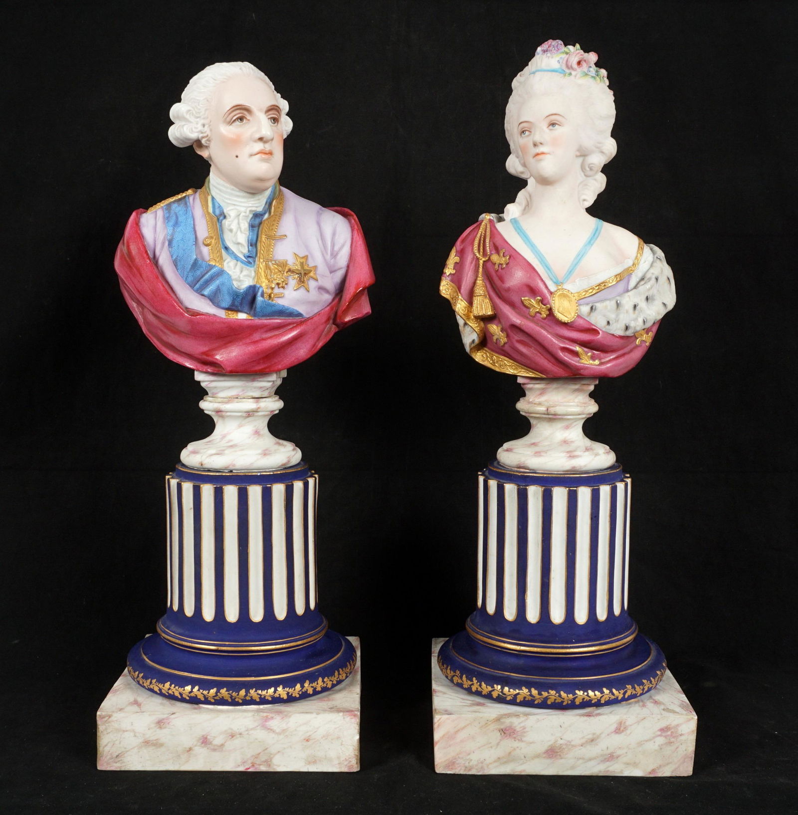 Louis XVI and Marie Antoinette Porcelain Busts: Pair continental polychrome decorated bisque porcelain busts of Louis XVI and Marie Antoinette, no visible markings, overall 17" x 6" x 6". Condition: Crack on Louis XVI, minor chips. From the estate