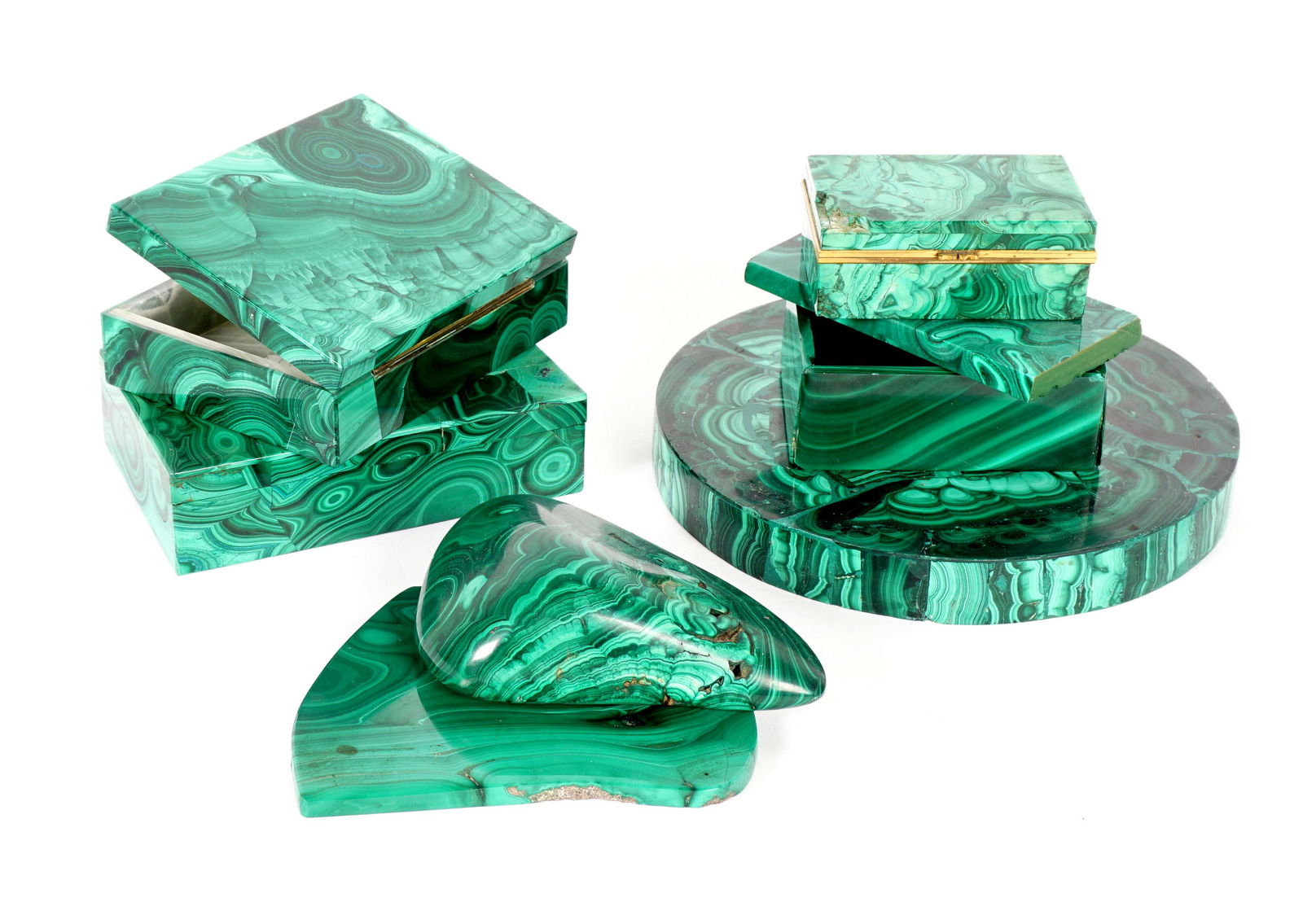 Eight Malachite and Clad Boxes and Decorations: Eight pieces total to include 1) Large round clad base, 7" dia, note scratches, imperfections. 2) Clad hinged box, 1.5" x 4.75" x 3.75". 3) Clad hinged box, 1.25" x 3.25" x 4". Damage to corner. 4) Op
