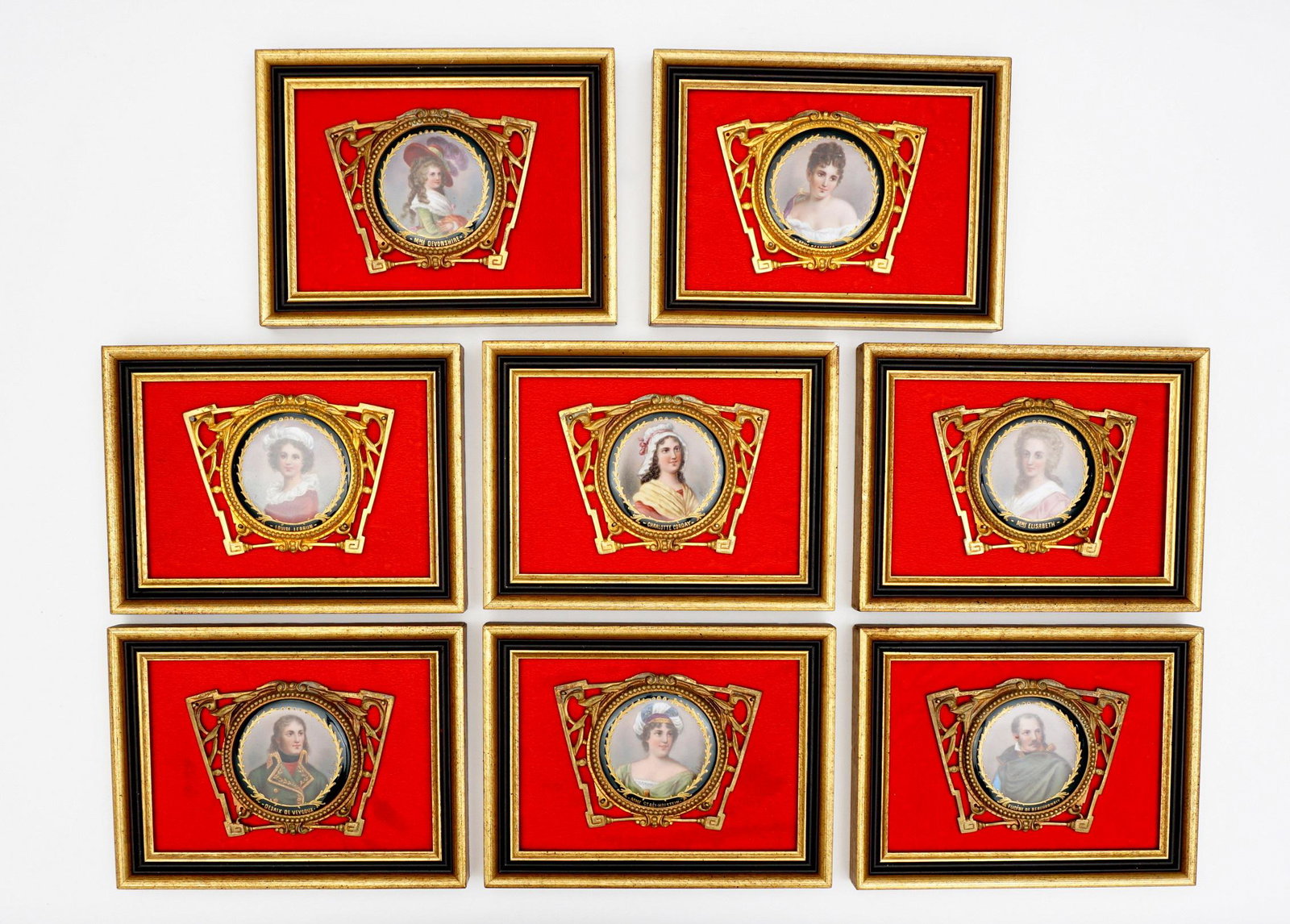 Eight Framed French Portrait Plaques: Each hand painted round porcelain plaque identified at base of plaque, framed in brass frames. Each pin mounted to larger contemporary frames. Medallions measures 2.75" dia, overall frames 6.5" x 8.5"
