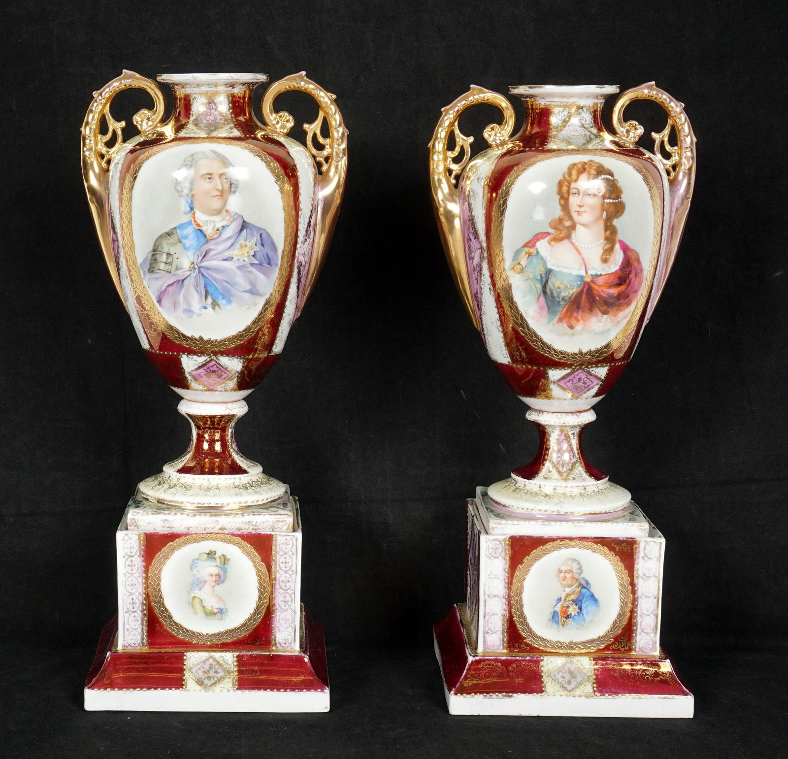 Pair Royal Vienna Urns Louis XVI & Madame Montespan: Pair of Royal Vienna porcelain urns with portrait of Louis XVI and Madame de Montespan, each with lower portrait as well, maroon ground with gilt accents, overall 14.5" h. x 5.5" x 5.5". Condition: We