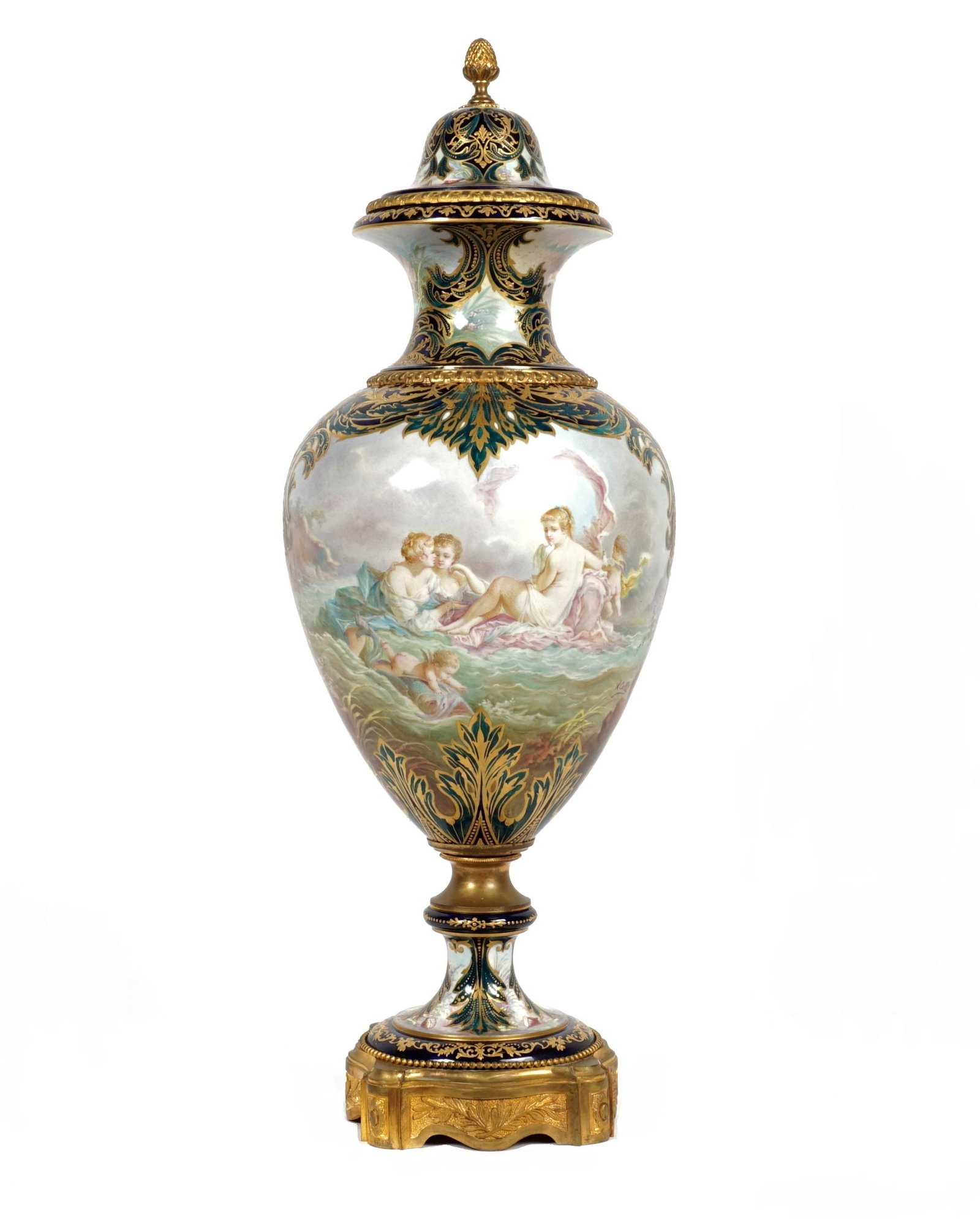 Large Sevres Style Covered Vase: Floral motif lid, baluster form segmented body with hand painted neoclassical scenes signed A. Collox, gilt metal base. Overall 30.5" h. x 11". Condition: Center post not tight and causes looseness th