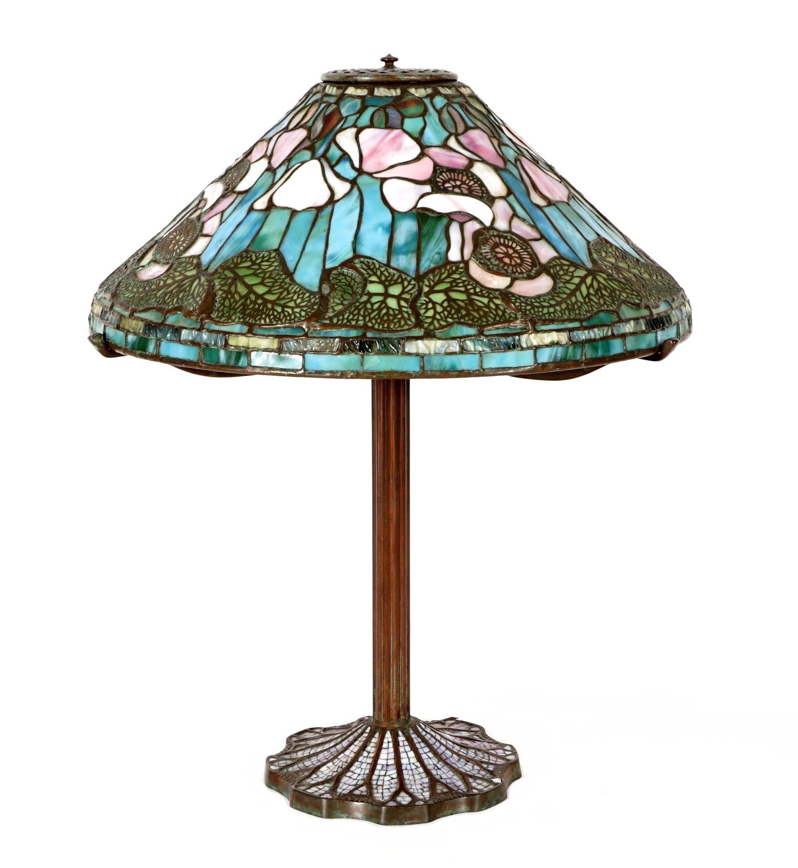 Tiffany Style Poppies Leaded Glass Lamp: Patinated metal base with glass mosaic inserts, triple socket fixture, unmarked. Floral poppies motif leaded and stained glass shade. Base measures 22.5" h. x 20.5" dia at shade supports, shade measur