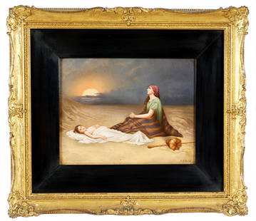 Dittrich KPM Hagar and Ishmael Porcelain Plaque: after LISKA, Emanuel Krescenc, (Czech, 1852-1903): Depiction of Hagar and Ishmael in the desert with a setting sun, signed R. Dittrich lower right, titled verso, impressed KPM and scepter mark, 275 23