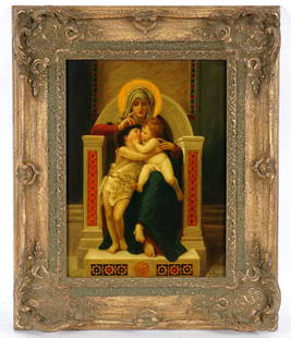 W. Margetson Mary Jesus & John the Baptist Plaque: after BOUGUEREAU, William-Adolph, (French, 1825-1905): Depiction of seated Mary, Jesus and John the Baptist on porcelain plaque, signed W. Margetson lower right, sight size 15" x 11", framed 23" x 18.