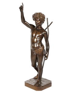 Paul Dubois John the Baptist Bronze Sculpture: DUBOIS, Paul, (French, 1829-1905): Large figure of John the Baptist with a cross, signed P. Dubois Rome 1861, F. Barbedienne Fondeur, and Souvenir L'Exposition 1878 Classe XXX. Overall 31.5' h. x 10.5