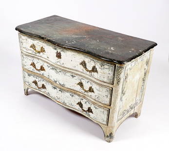 French 18th C. Painted Serpentine Chest of Drawers: 18th Century paint decorated serpentine top over conforming three drawer painted case, gilt metal pulls, shaped skirt, all on four feet. 32" h. x 51.25" x 24.5". From the estate of Hazel Hanlon,