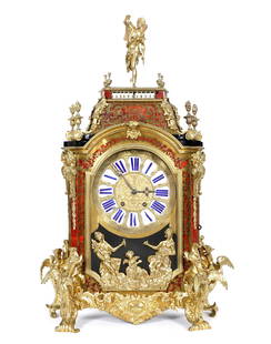 French Gilt Bronze Boulle Inlaid Shelf Clock: Gilt bronze angel finial over faux tortoise shell and boulle inlaid case with applied gilt bronze decoration, brass dial with Roman numerals on enamel lozenges, Arabi numerals on chapter ring. Japy