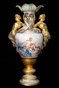 Monumental Sevres Style Figural Vase: Flared floriform rim over figural gilt decorated mermen handles, body with hand painted neoclassical genre scenes, gilt decorated stepped base, no visible markings, overall 25.25" h. x 14". Condition: