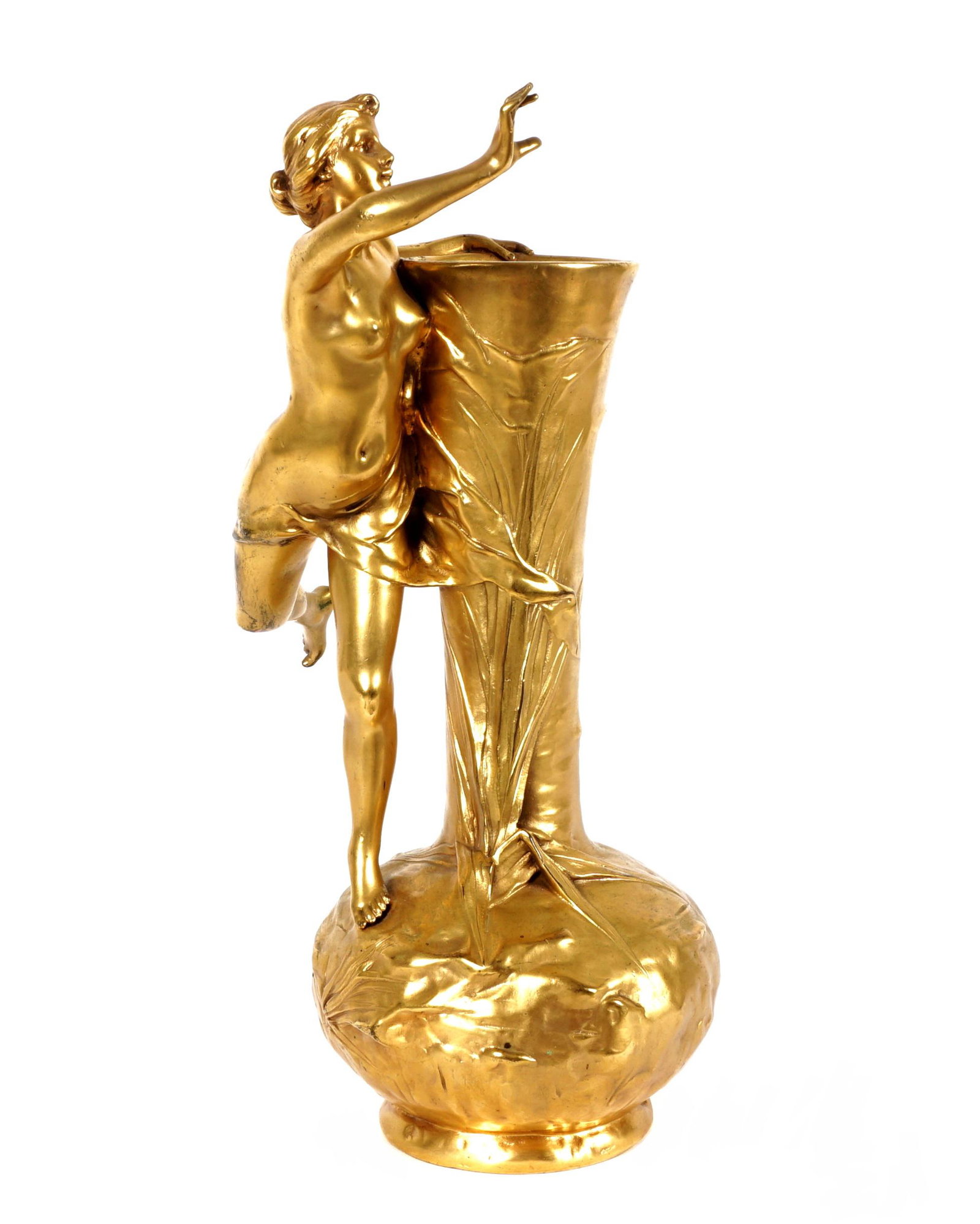 After Antoine Bofill Figural Gilt Bronze Vase: after BOFILL, Antoine, (Spanish, 1875-1925): Gilt bronze vase with semi nude figure of a woman, signed Bofill, overall 13" h. x 9". Condition: Uneven patina. From the estate of a prominent lawyer from