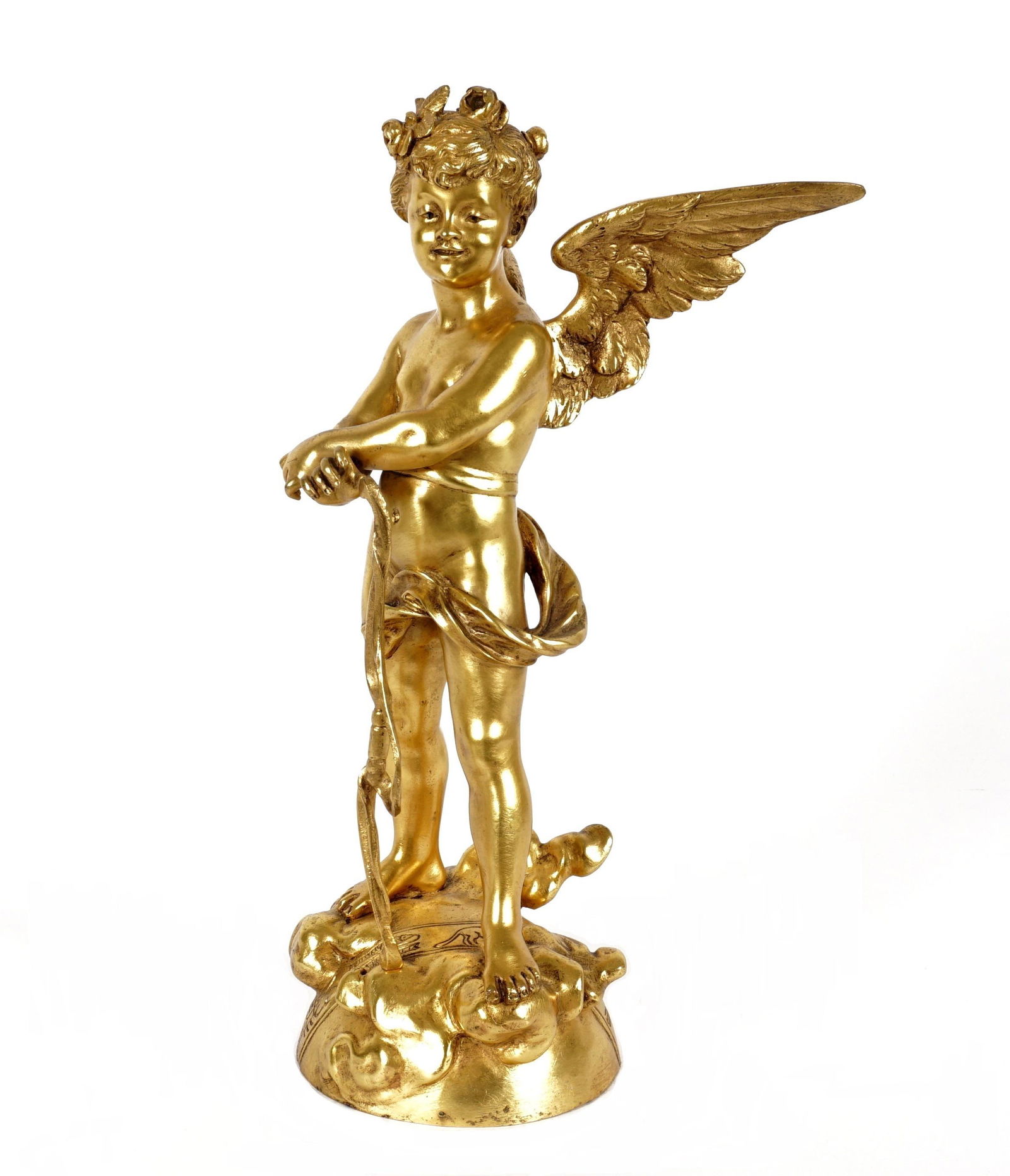 After Eutrope Bouret Gilt Bronze Cupid: after BOURET, Eutrope, (French, 1833-1906): Gilt bronze figure of Cupid standing on clouds and holding a bow, astrological symbols on base, signed Bouret. 12.5" h. x 7" x 6". From the estate of a prom