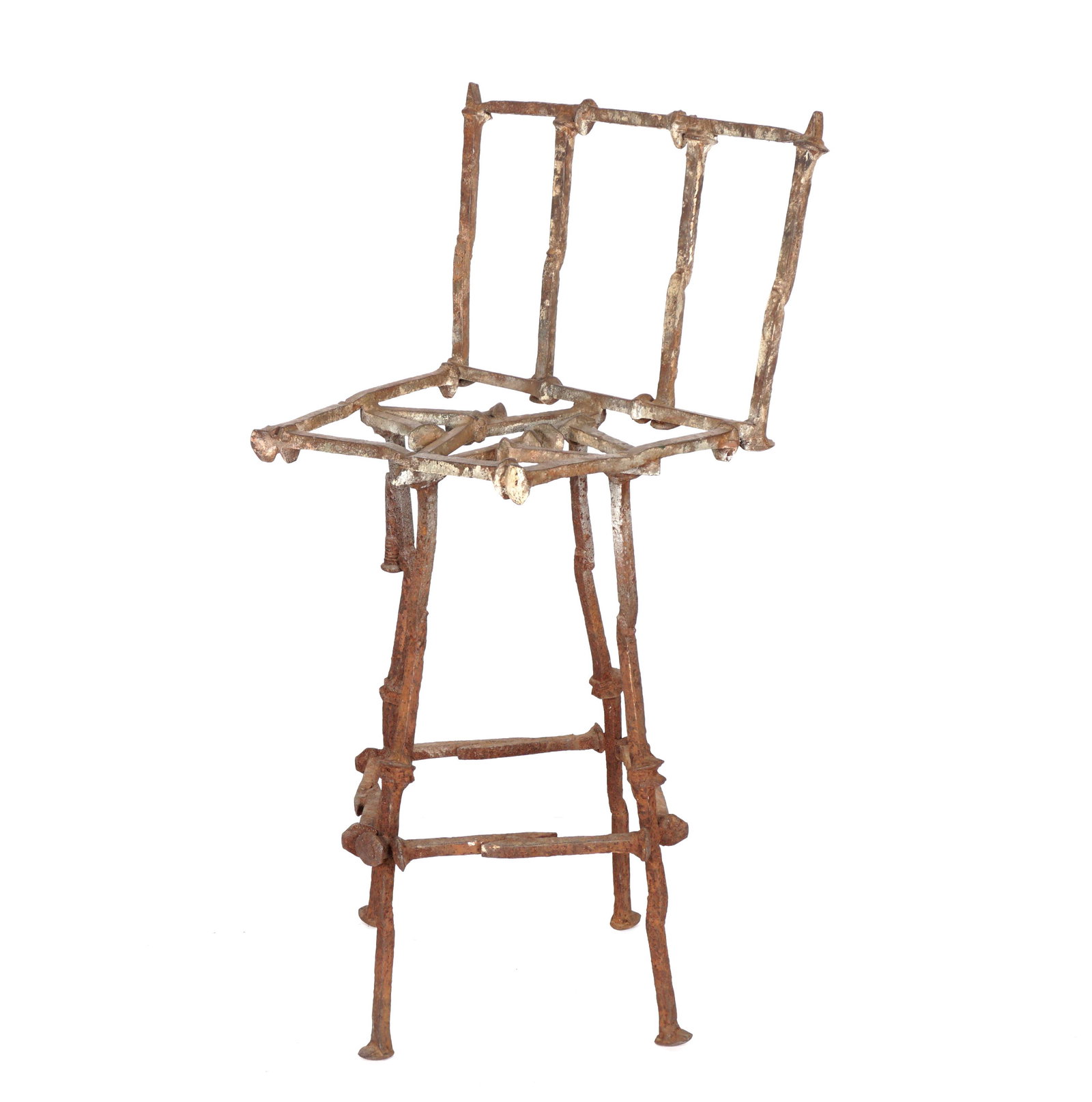 Dos Gallos Studio Railroad Spikes Chair Sculpture: Brutalist style bar stool chair constructed from welded railroad spikes by Dos Gallos Studio, California. Overall 40.75" h. x 20.25" x 17.5".