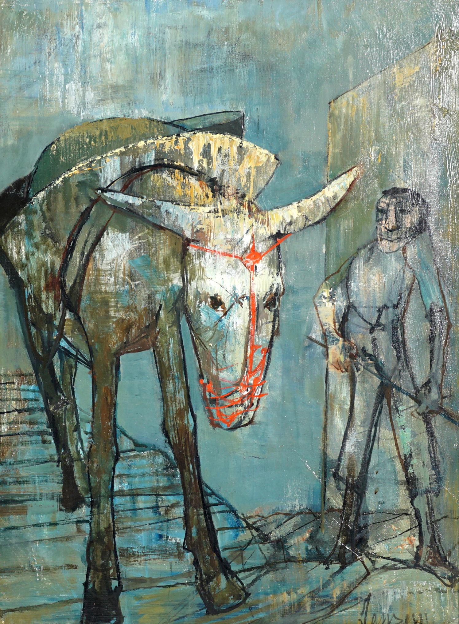 Jean Jansem Man and Donkey Painting: JANSEM, Jean, (French/Armenian, 1920-2013): depiction of man with a donkey, possibly Don Quixote?, Oil/Canvas, signed lower right, 24.25" x 18.25", framed 30.75" x 24.75".