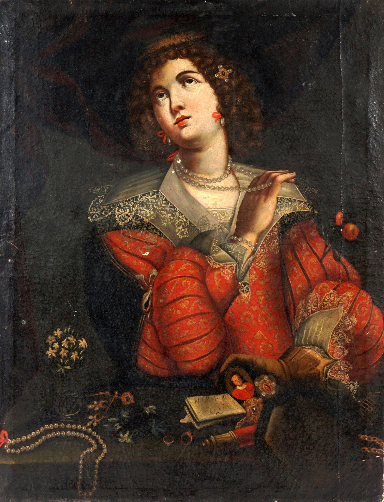 Large 18th Century Italian Portrait of a Woman: Italian old master style portrait of a seated woman with pear necklace and objets de vertu on table in front, Oil/Canvas, no visible signature, 38" x 29". Condition: several puncture holes, craquelure