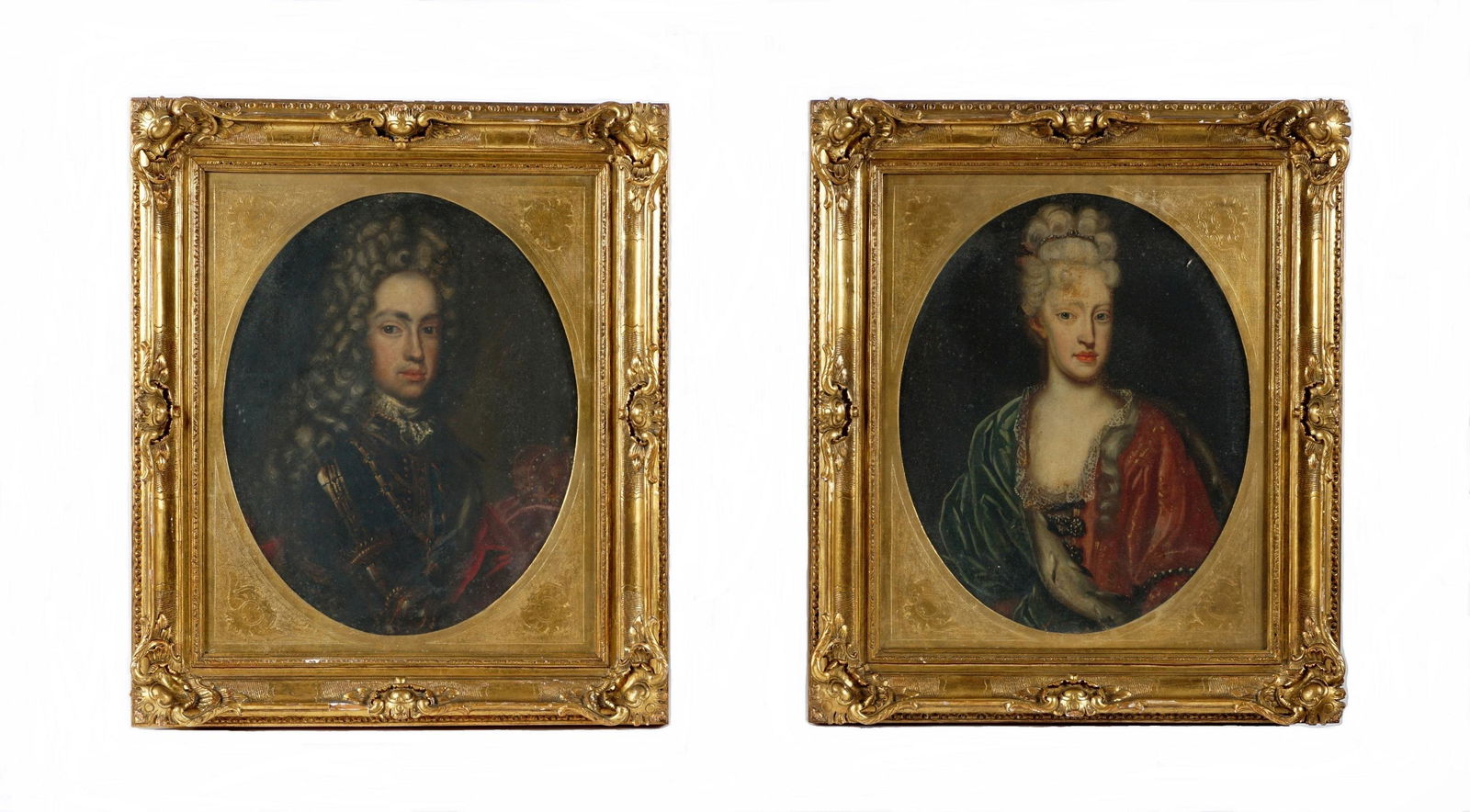 Pair 18th Century Old Master Style Portraits: Pair of Continental Old Master school portraits of a royal or affluent couple, Oil/Canvas, no visible signatures, 19.25" x 16.25" oval, gilt framed under glass, 27.25" x 23.25". Condition: Both with i