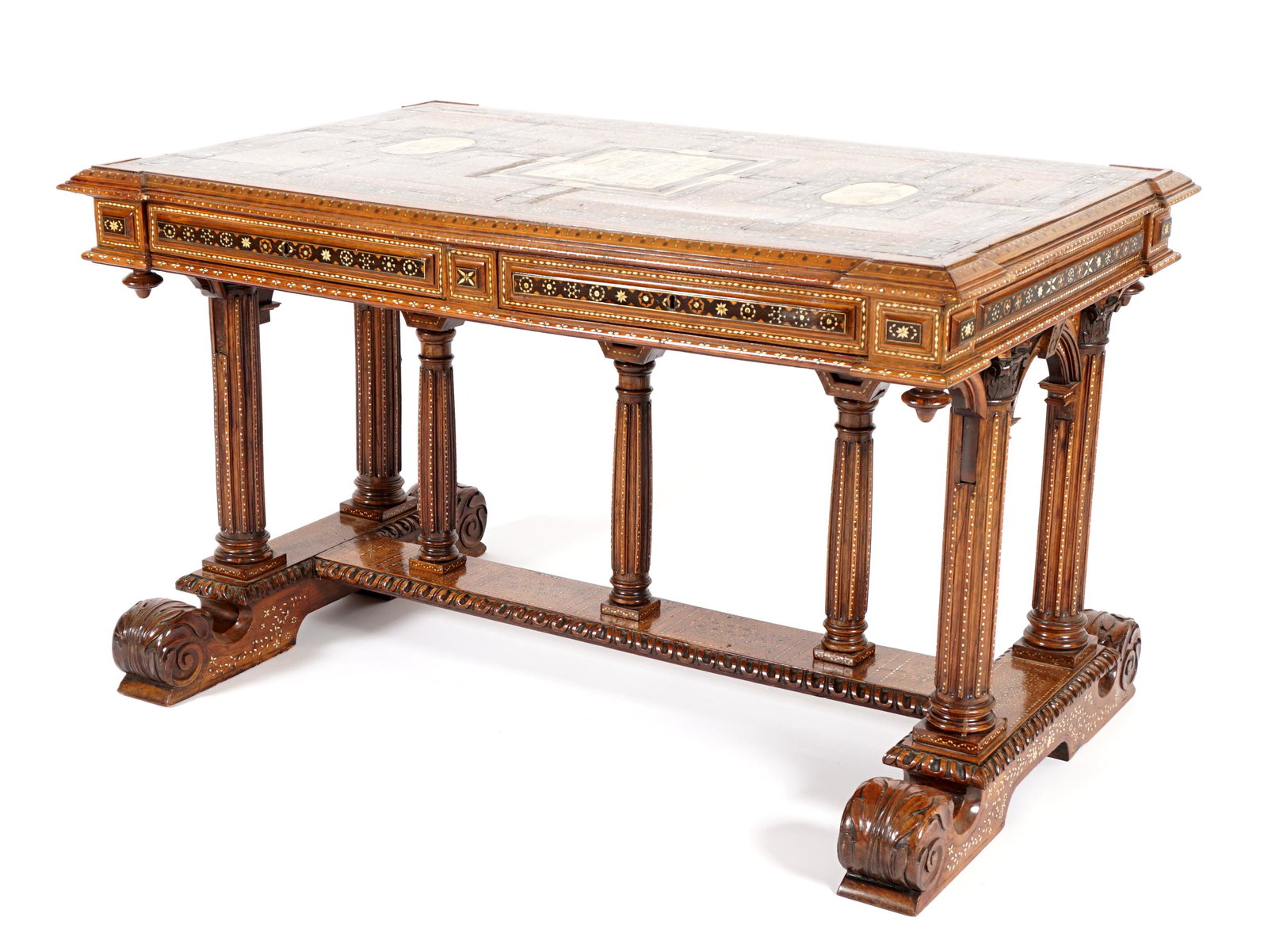 Ornate 18th / 19th Century Italian Inlaid Renaissance Revival Table: 18th / 19th Century, renaissance revival library table, inlaid with three 16th / 17th Century panels depicting royal figures and interior genre scene. Other inlay to include geometric designs, stylize