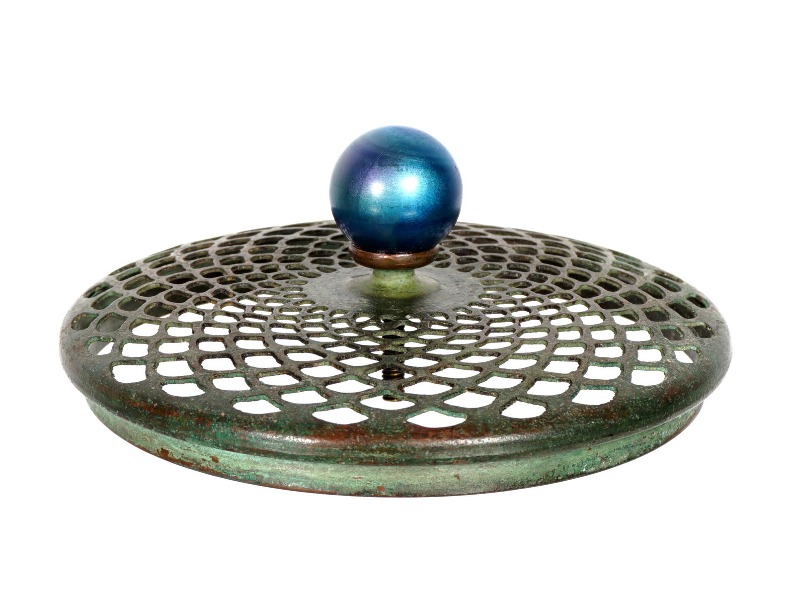 Antique Tiffany Studios Favrile Ball Heat Cap: Bronze reticulated heat cap with blue Favrile finial ball, overall 1.75" h. x 4.5", 4.25" fitter rim.