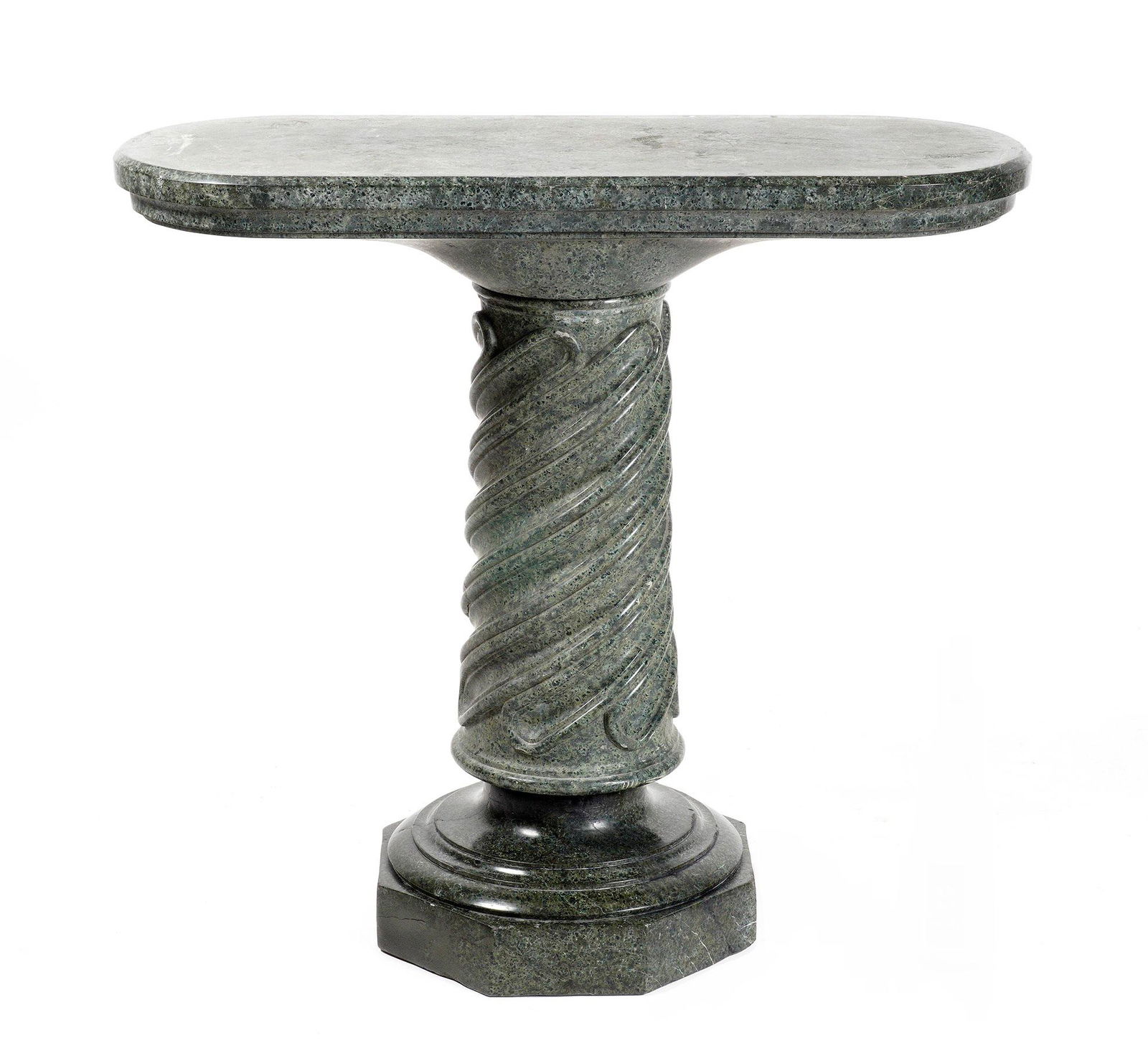 Large Verde Antico Marble Racetrack Pedestal: Racetrack oval top over twist columns support, octagonal base, pedestal separates for shipping. Overall 35.5" h. x 37" x 13.75" top, 8" dia base. Crack repair to base, chips.