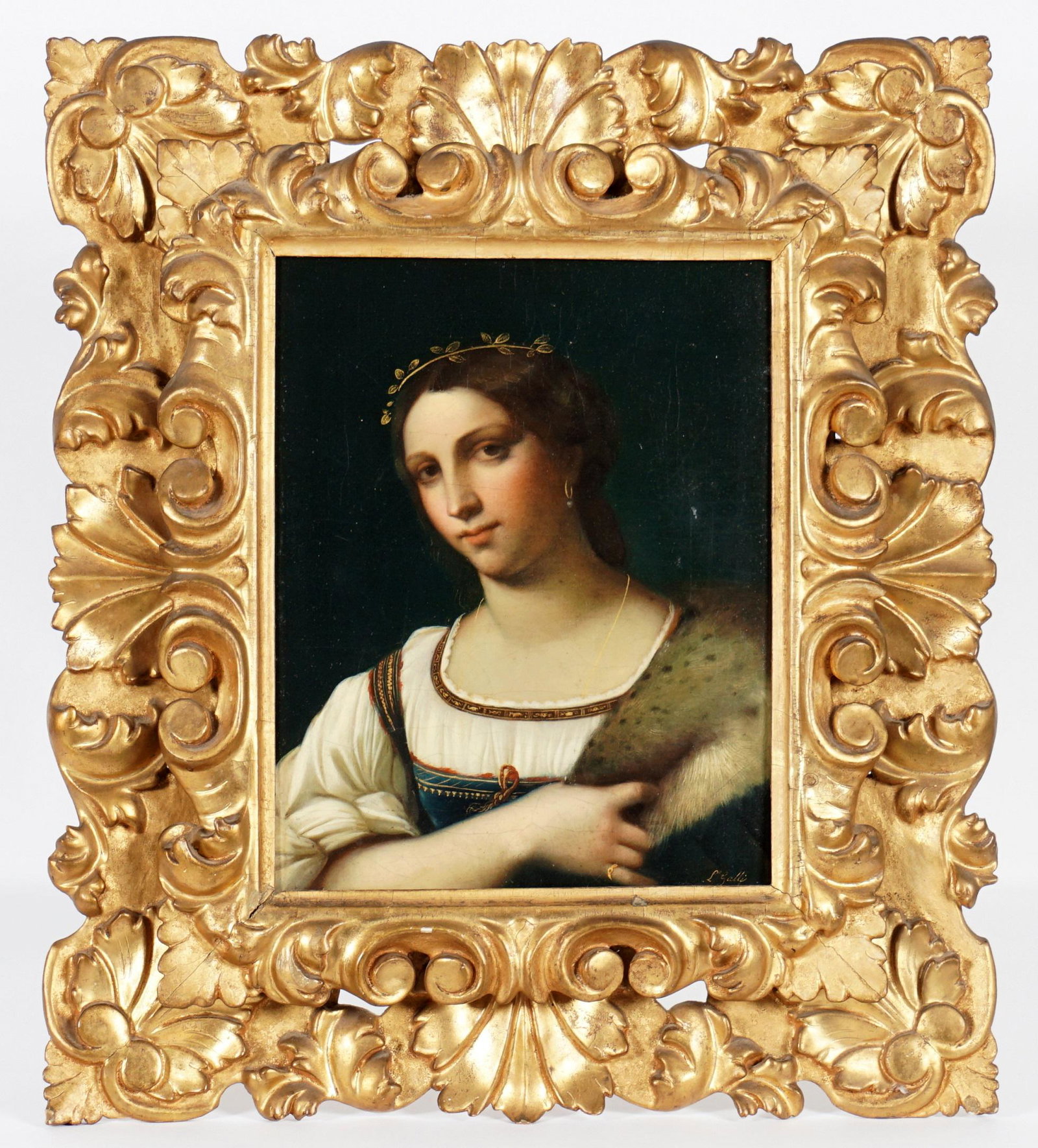 Leopoldo Galli Portrait of a Woman after Piombo: GALLI, Leopoldo, (Italian, 19th Century): "La Fornarina", portrait of an affluent woman after the original by Sebastiano del Piombo (Italian, 1485-1587), Oil/Canvas, signed lower right, 13.5" x 12.5",