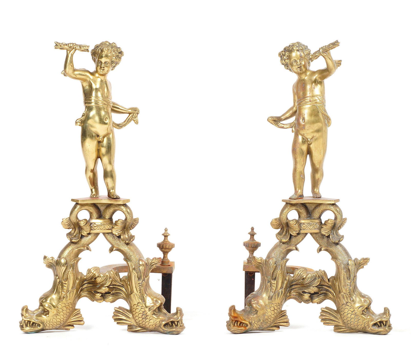 Pair Baroque Figural Gilt Bronze Cherub Andirons (1 of 6)