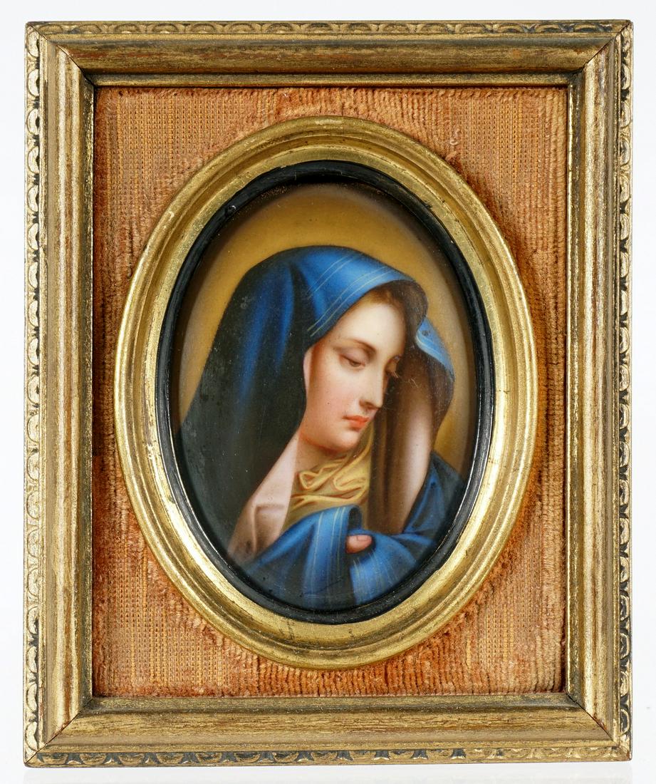 Miniature Porcelain Plaque of the Virgin Mary: Hand painted portrait plaque of the Virgin Mary in blue, unsigned, impressed verso 15 E, 3.5" x 2.5", framed 5.5" x 4.5". From the estate of a prominent lawyer from New Rochelle, NY.