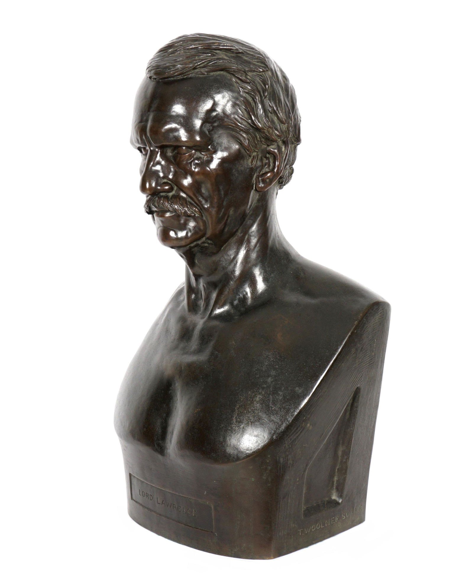 1871 Thomas Woolner Bronze Bust Lord Lawrence: WOOLNER, Thomas, (British, 1825-1892): Bronze bust of John Laird Mair Lawrence, AKA Lord Lawrence, Viceroy of India from 1864-1869, signed and dated 1871 on base, identified on front, overall 26.5" h.