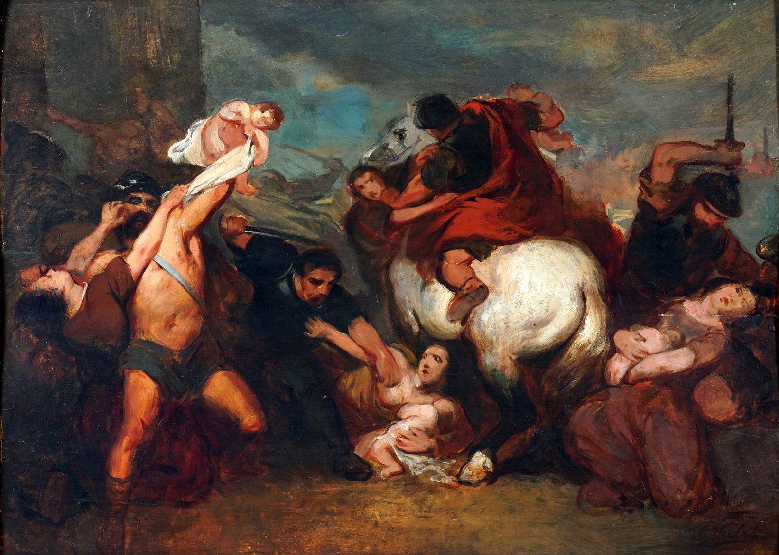 Manner Charles Verlat after Rubens Brazen Serpent: Manner of VERLAT, Charles, (Belgian, 1824-1890): after Peter Paul Rubens "The Brazen Serpent" depicting soldiers attacking women and children, possibly a study for a later work, Oil/Wood Panel, signed
