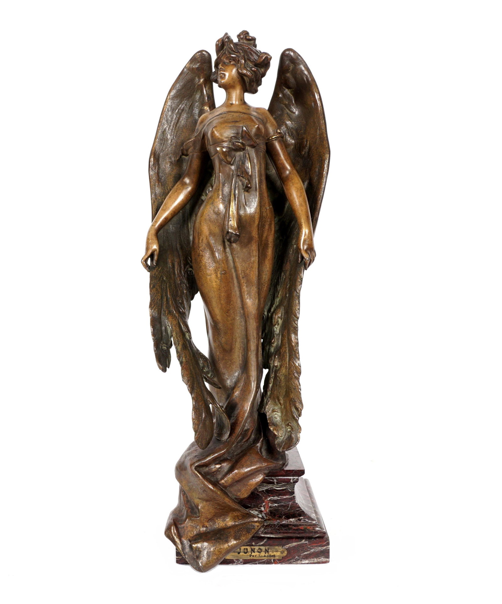 Lucien Alliot Junon Spelter Angel Sculpture: ALLIOT, Lucien, (French, 1877-1956): "Junon", art nouveau patinated spelter figural woman angel, signed on lower back, affixed to marble plinth with plaque, overall 18" h. x 6.75" x 6". Condition: Loo