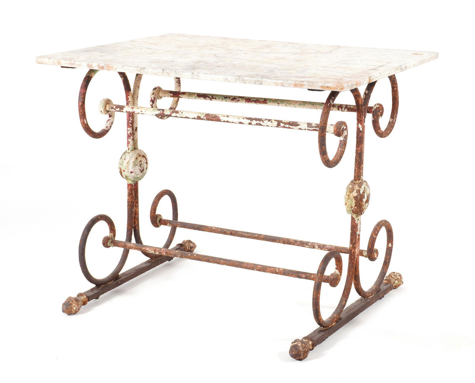 19th Century French Marble Top Bistro Table: Variegated white marble top over scroll wrought iron base, Overall measures 29.25" h. x 37" x 29.75". Condition: Cracks and repairs to marble.