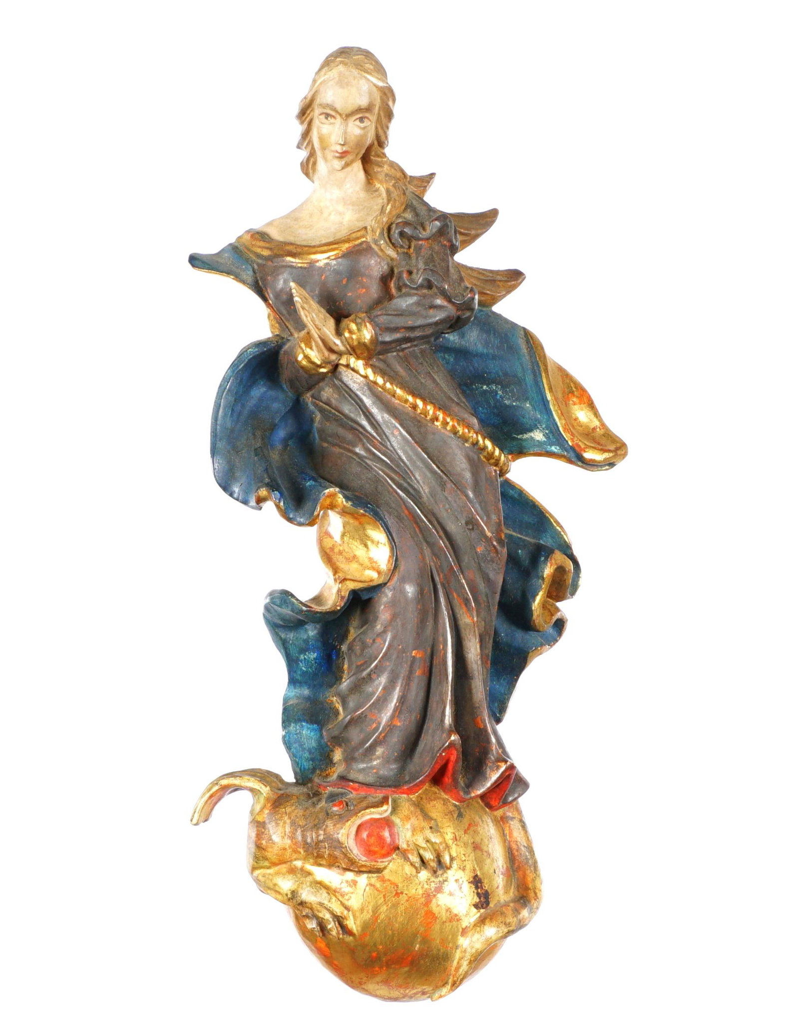 Italian Carved Polychrome Decorated Woman & Dragon: 19th / 20th Century polychrome and gilt decorated carved figure of a woman standing on a globe with dragon, partial sticker label verso, overall 15.5" h. x 7" x 2.5". From the estate of a prominent la