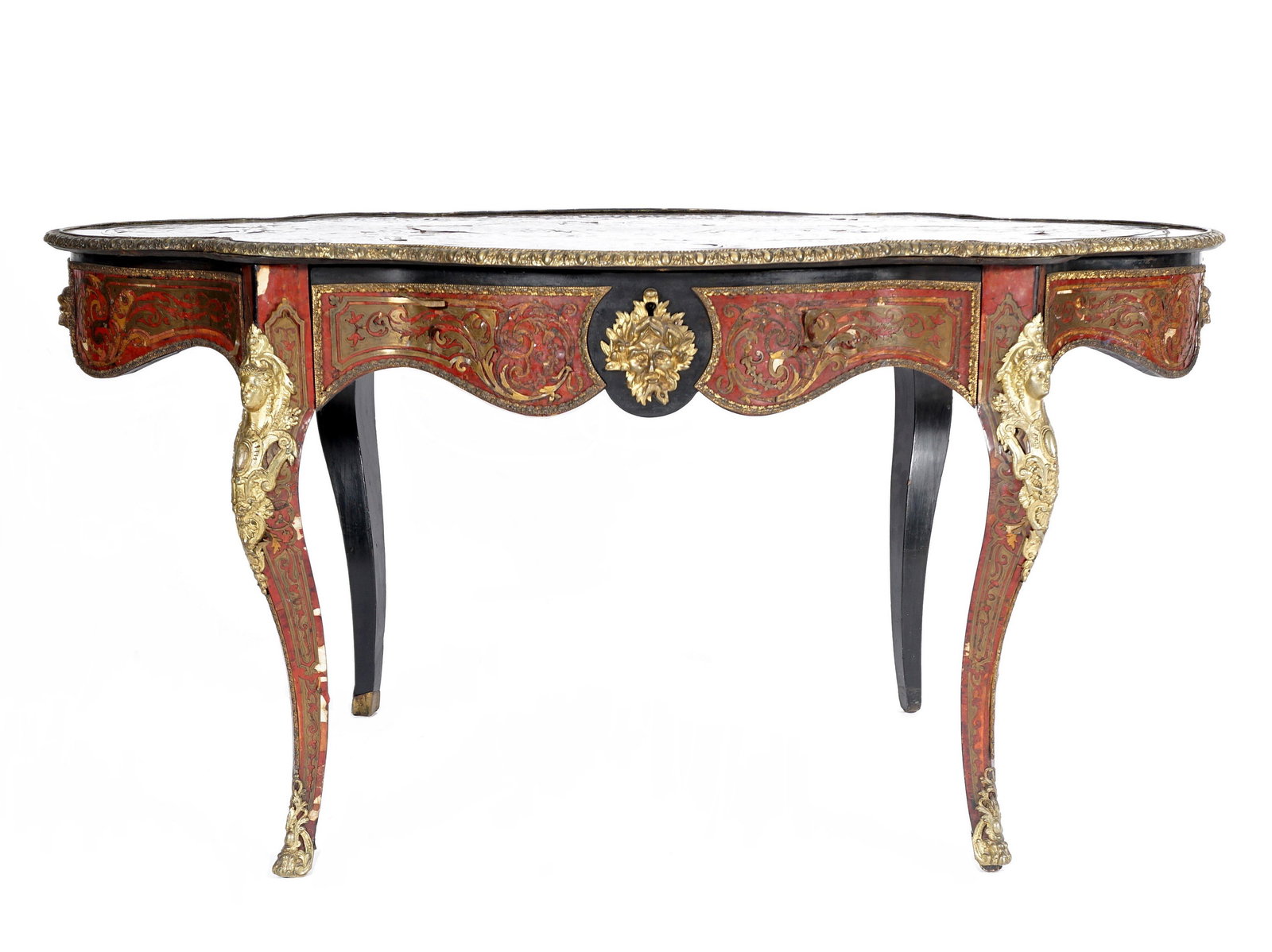 French Napoleon XIV Style Boulle Inlay Salon Table: Serpentine top, faux tortoise shell and ornate boulle inlay to include Bacchanalian center medallion and foliate scroll designs, conforming and matching single drawer skirt, applied bronze medallions,