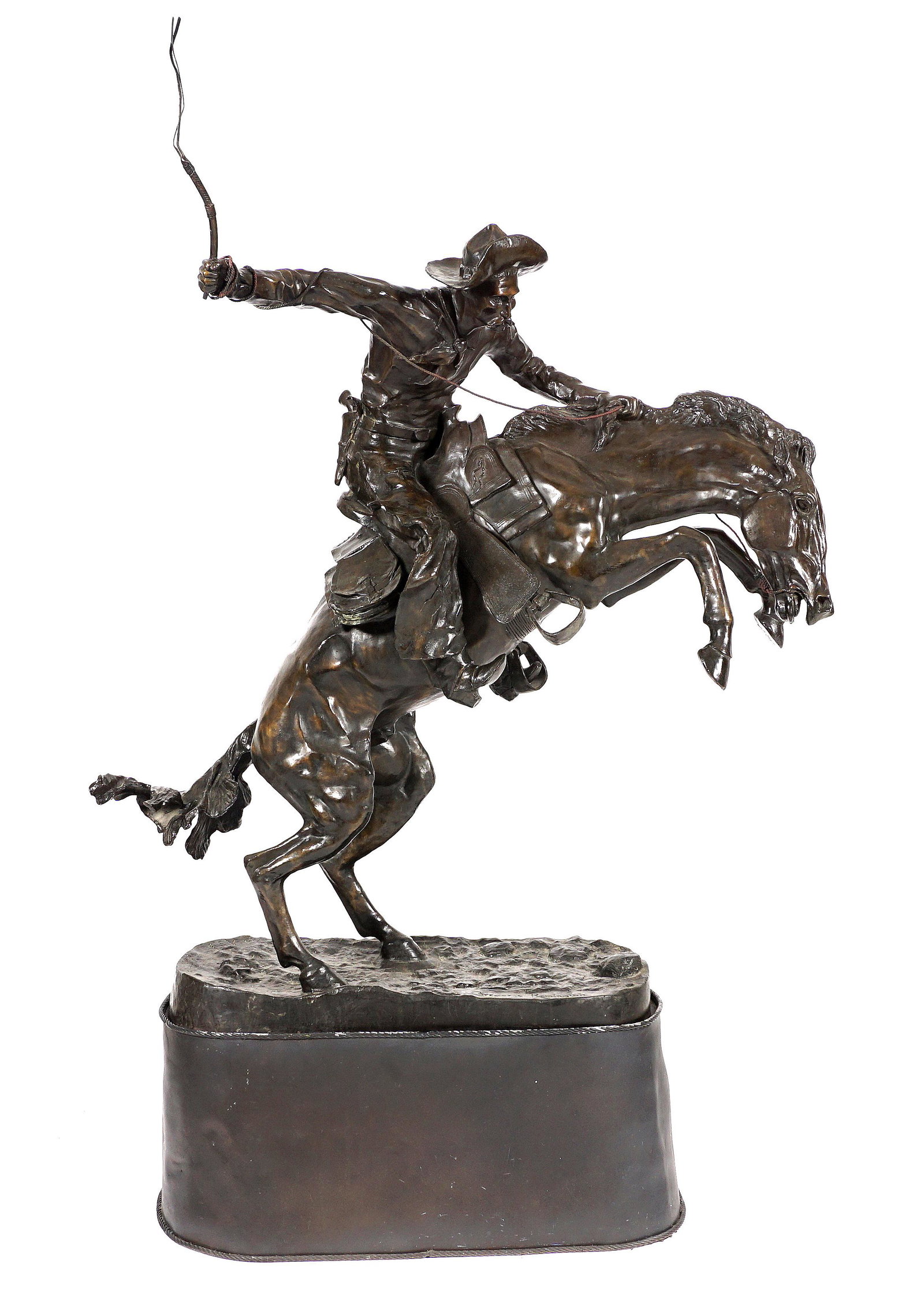 Monumental after Remington Bronco Buster Bronze: after REMINGTON, Frederic, (American, 1861-1909): Monumental example of Remington's Bronco Buster, signed on base, additional A.S.B. foundry mark, overall measures approx. 64" h. x 52" x 29". Sold wit