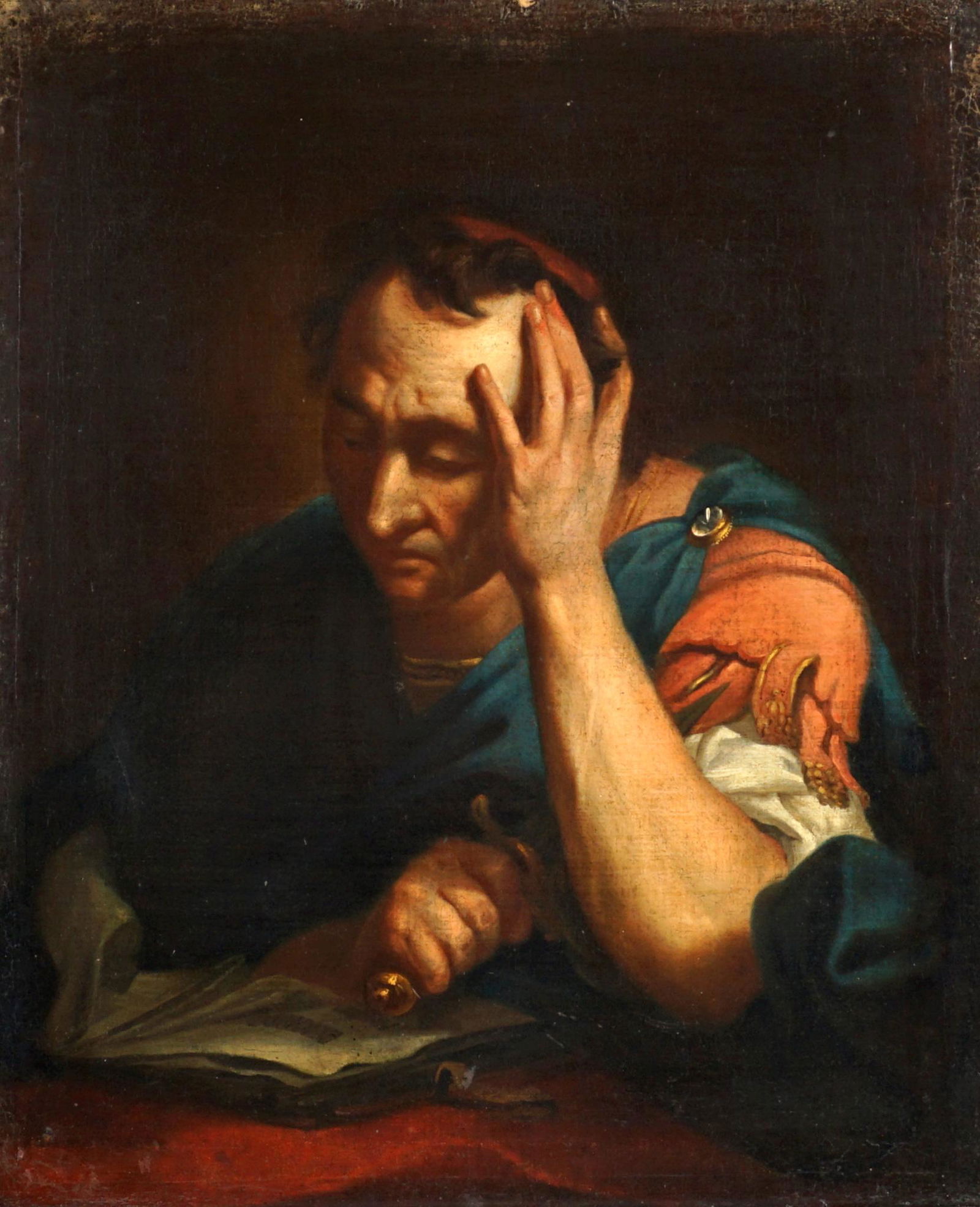 18th C. Continental School Roman Soldier Painting: 18th Century, Continental School portrait of a seated Roman soldier reading a book with dagger in right hand, no visible signature, 27.25" x 22.75", framed 34.75" x 30.5". Condition: Scattered inpaint